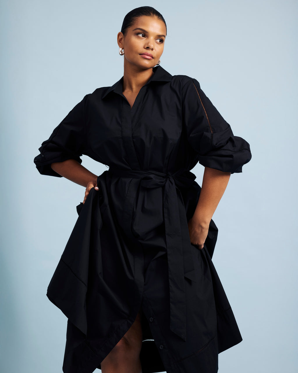 black shirts dress Black 100% Cotton Button-Down Midi Shirt Dress 54" / Regular (5'2"