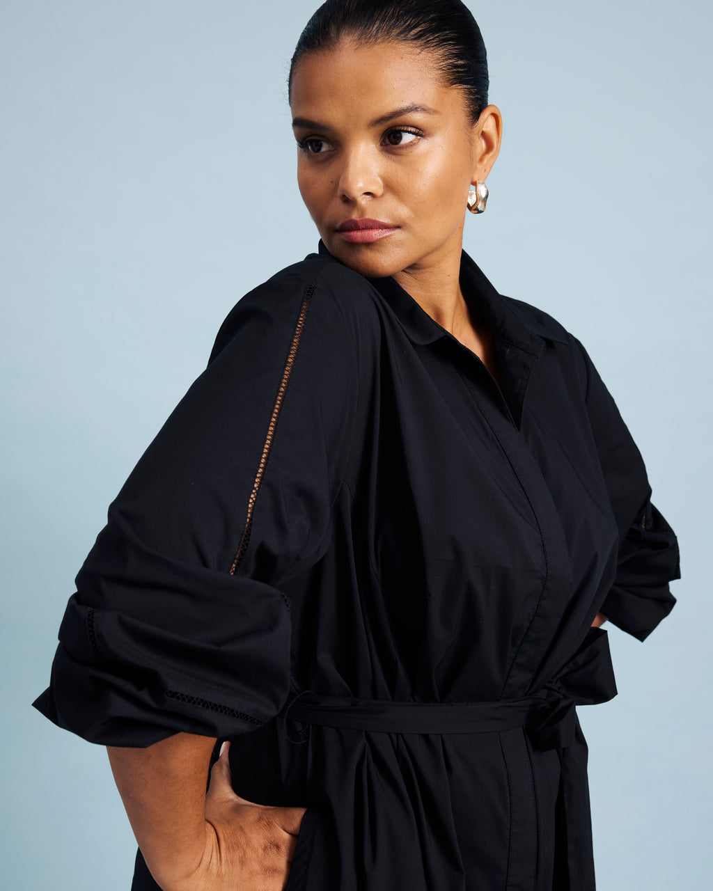 black shirts dress Universal Standard Women's Yuli Long Sleeve Stretch Poplin Midi - Waist Stretch Amount 37.01 Color:As Picture:Black/Olive Green Classy Black strapless Dress closet_1408