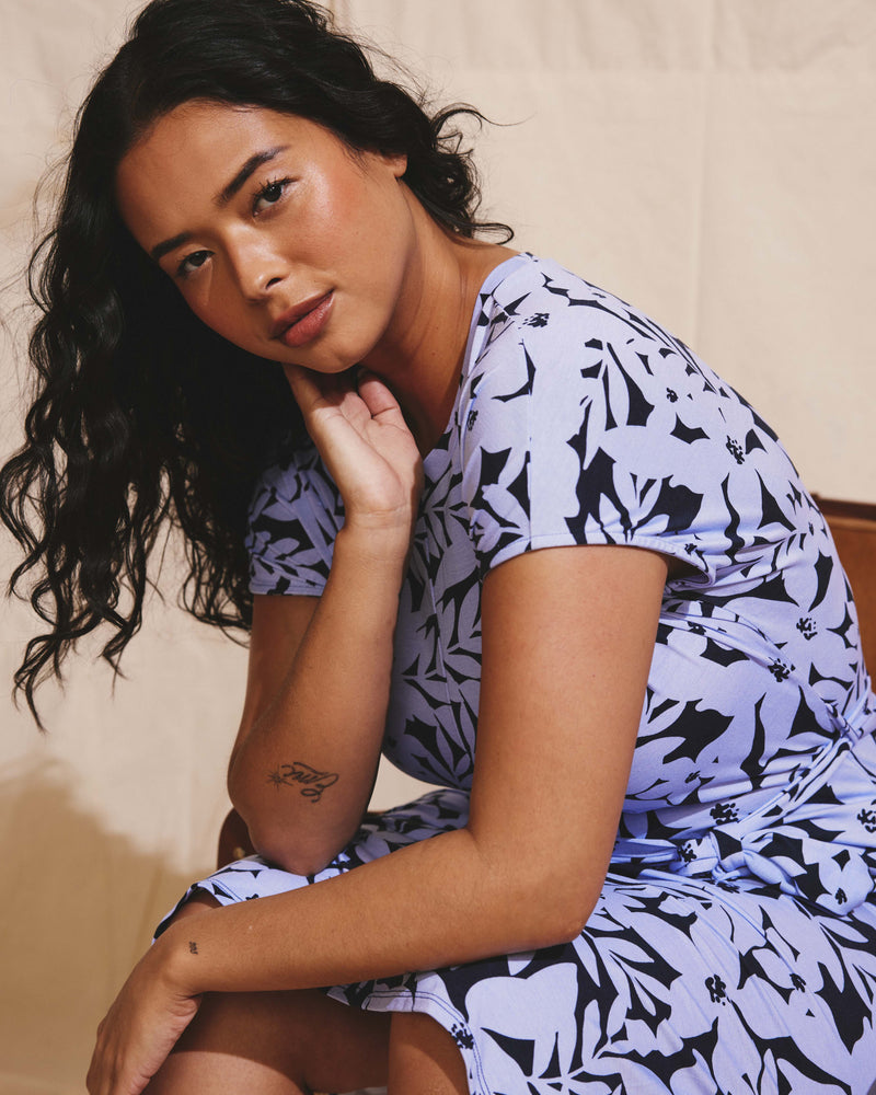 Belted Divine Jersey Dress - Petal Palette Print in Jacaranda