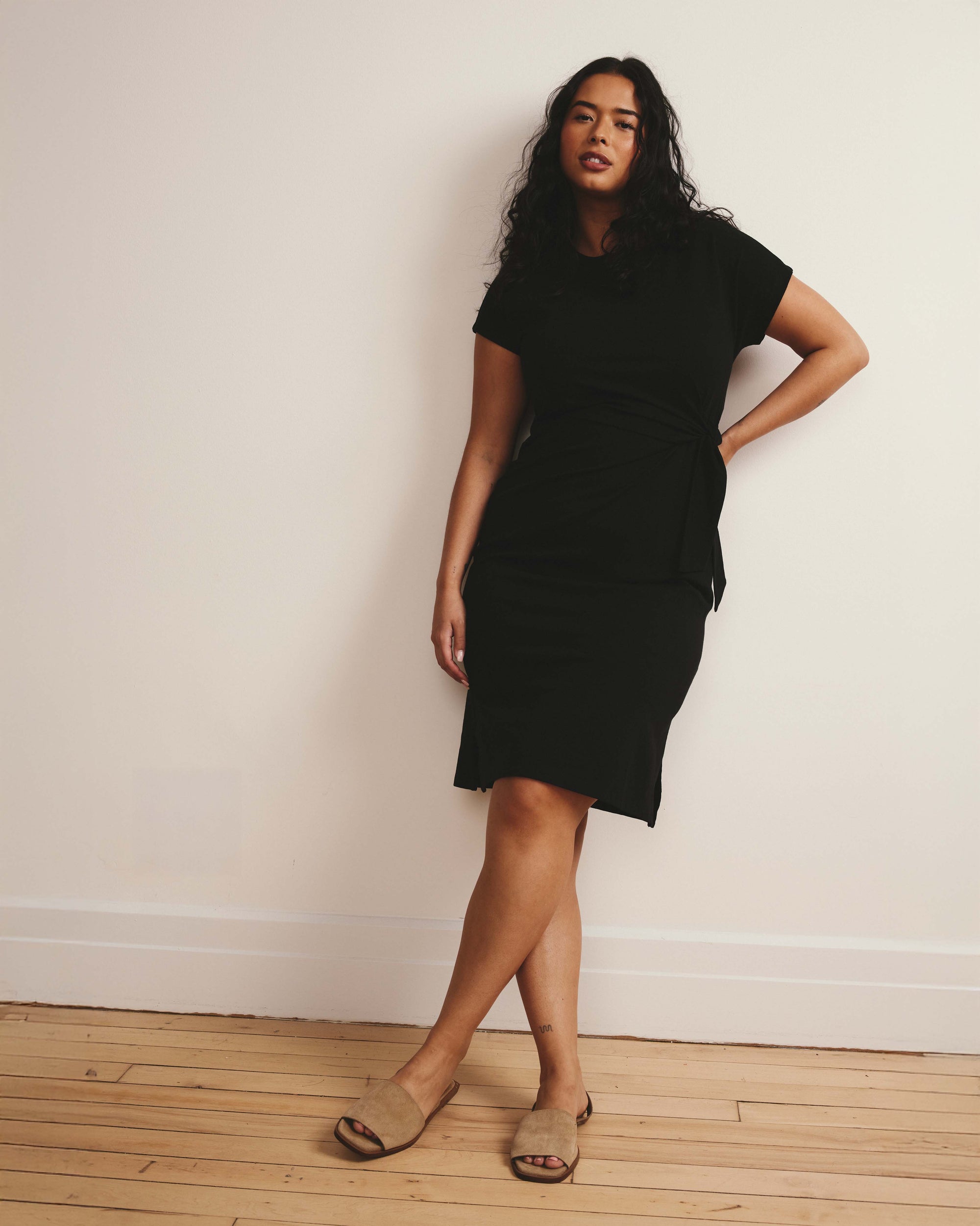 solid black dress Universal Standard Women's Crescent Knot T-Shirt Dress - Black