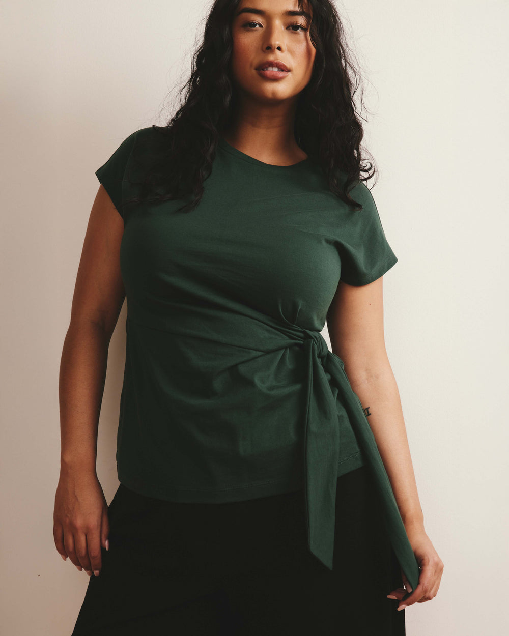 Crescent Breton Stripe Knot Tee - Solid Conifer