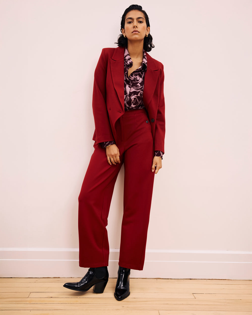 Elbe Popover Liquid Jersey Shirt Classic Fit - Rose Print in Black Cherry