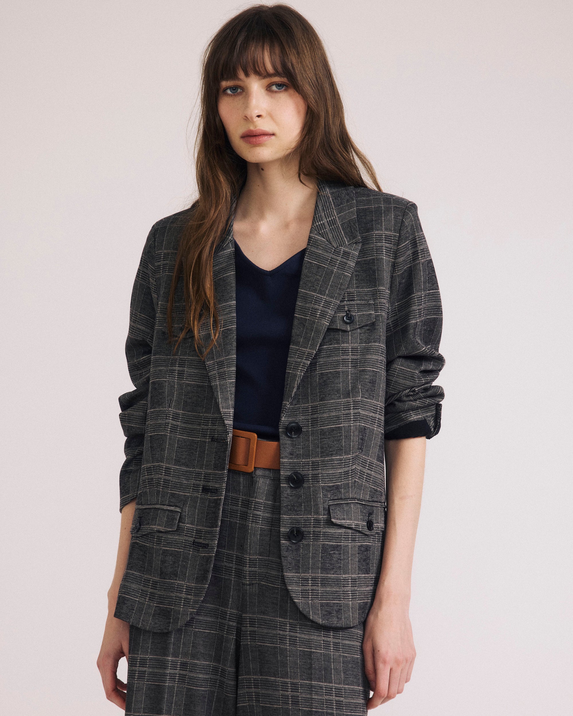 Woman wearing 4 Pocket Ponte Blazer - British Plaid from Universal Standard