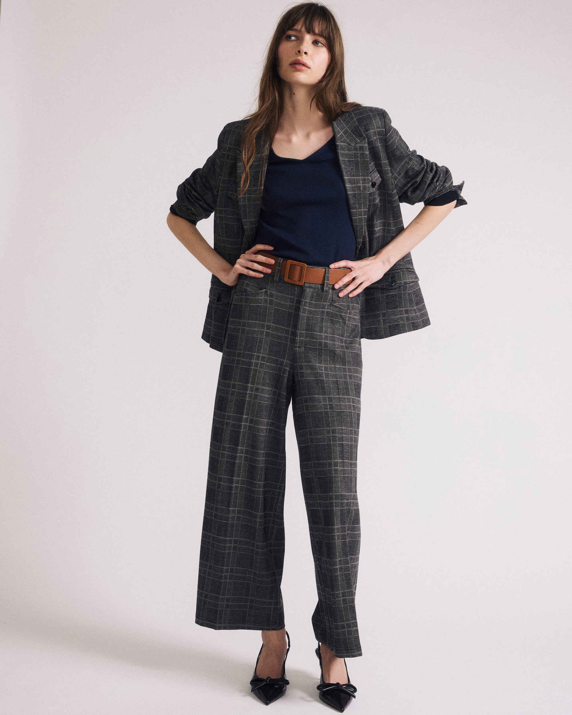 Woman wearing Cropped Wide Leg Ponte Pants - British Plaid from Universal Standard