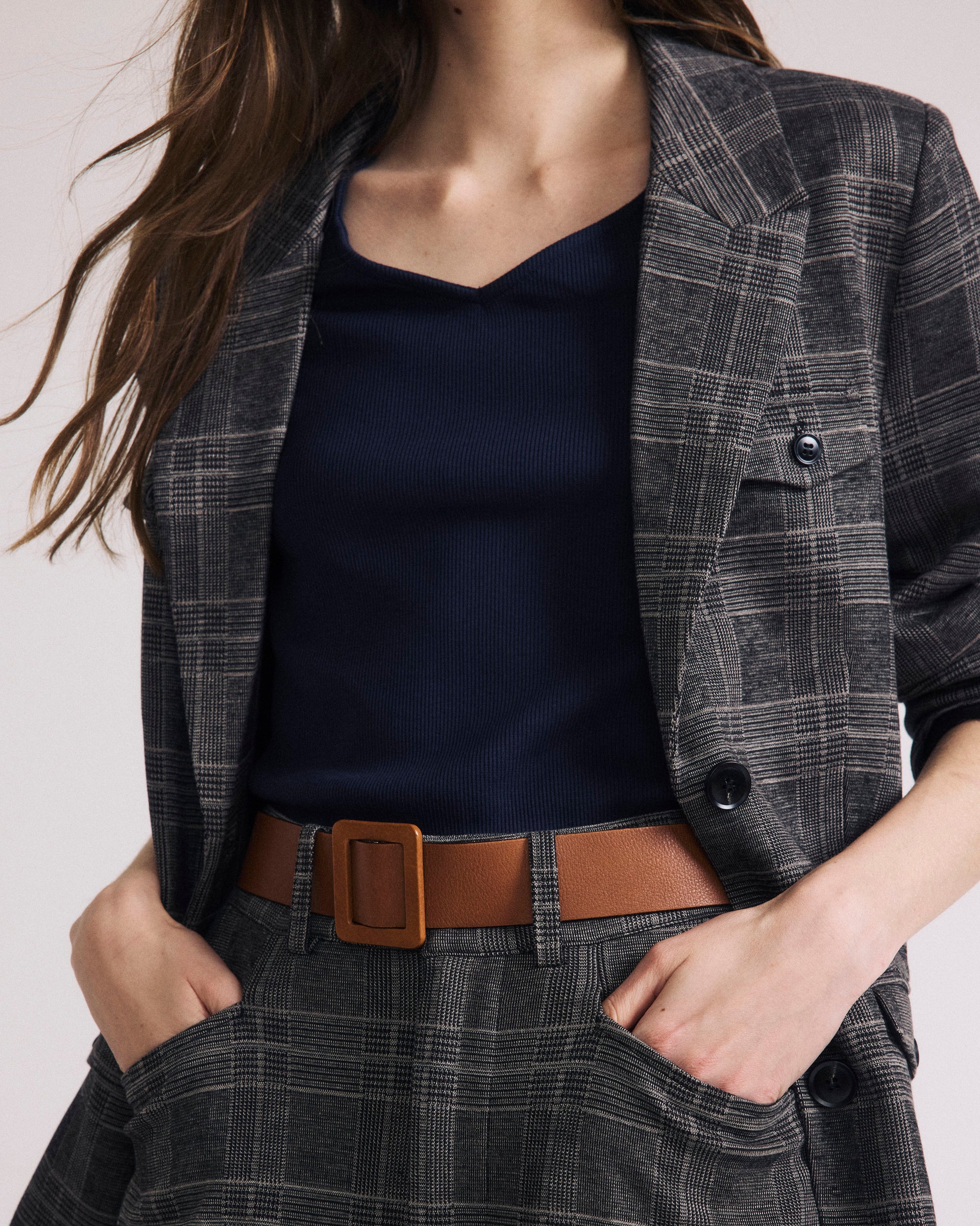 Woman wearing 4 Pocket Ponte Blazer - British Plaid from Universal Standard