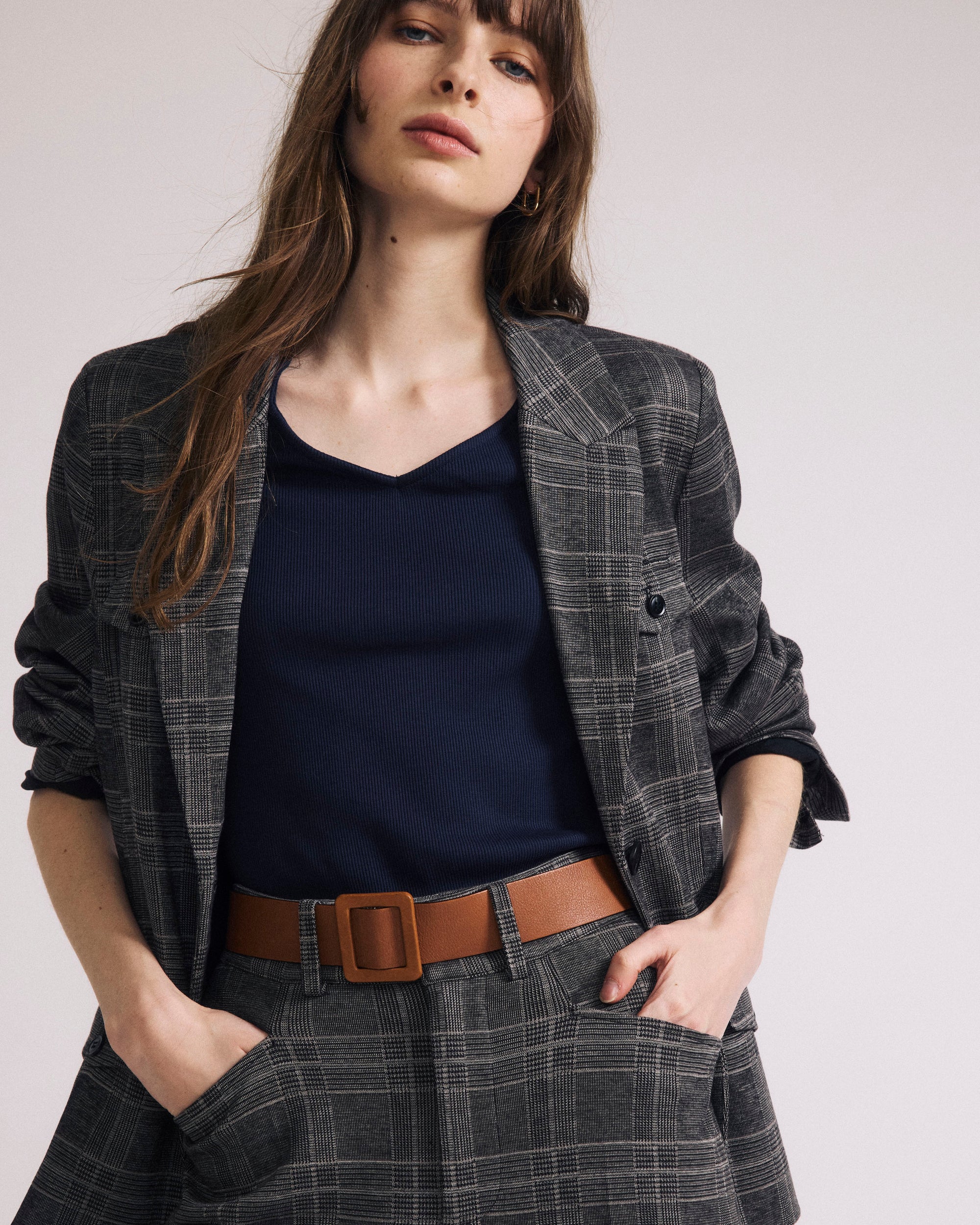 Woman wearing 4 Pocket Ponte Blazer - British Plaid from Universal Standard