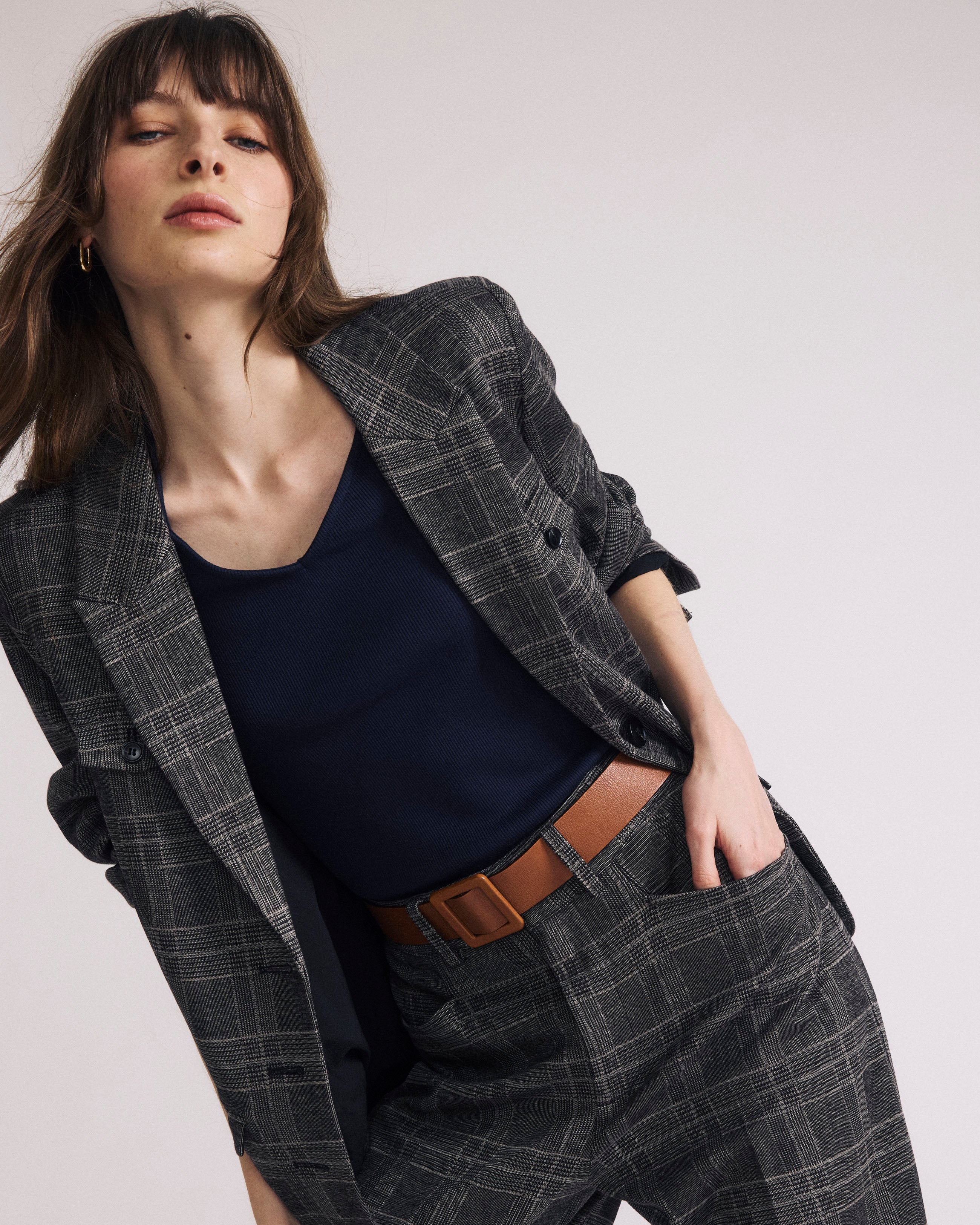 Woman wearing 4 Pocket Ponte Blazer - British Plaid from Universal Standard