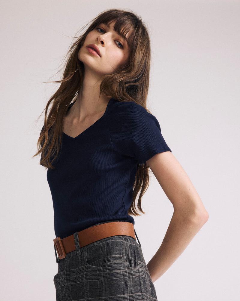 Woman wearing Carey Ribbed Top - Navy from Universal Standard