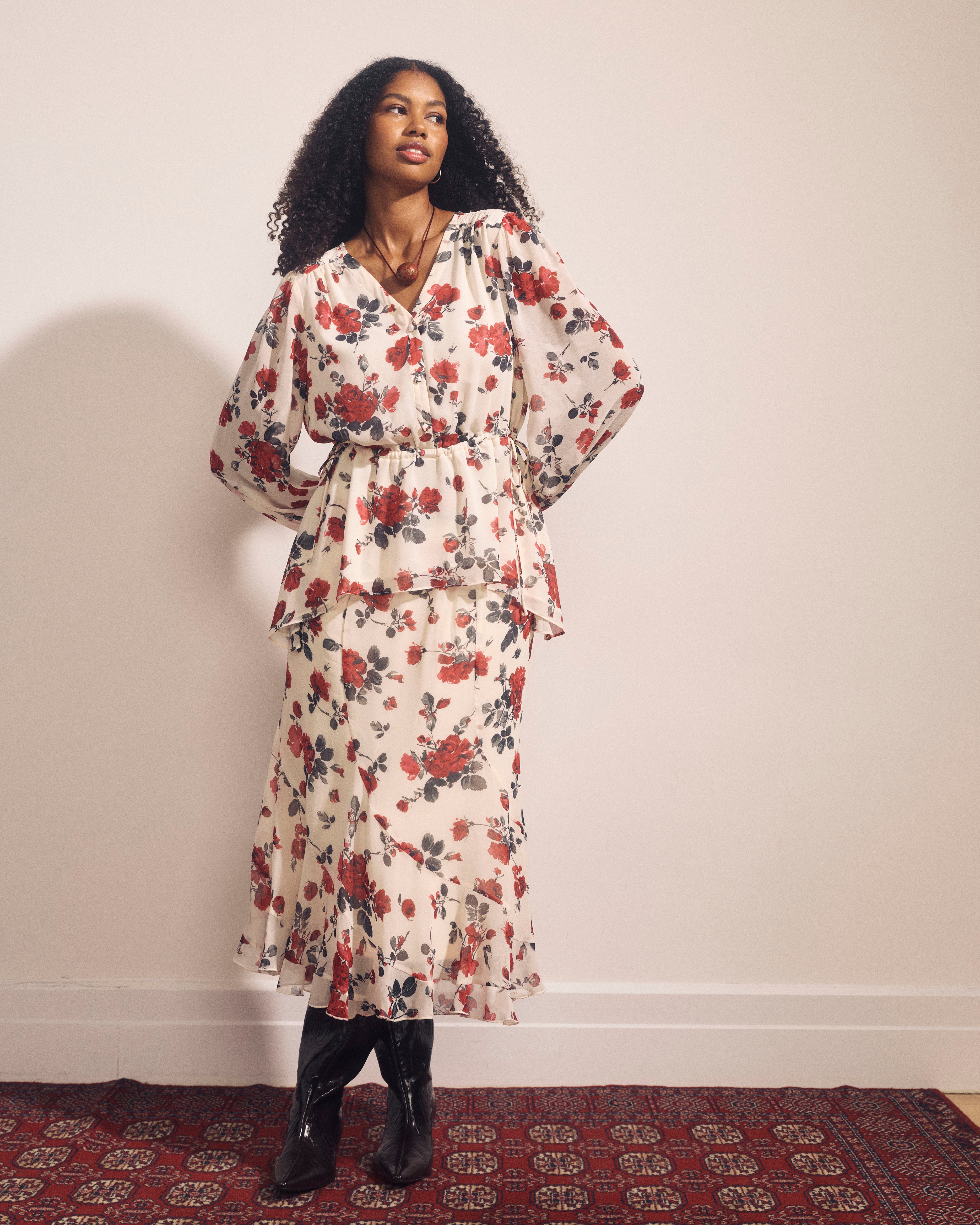 Navarte Chiffon Midi Skirt - Magic Rose Print