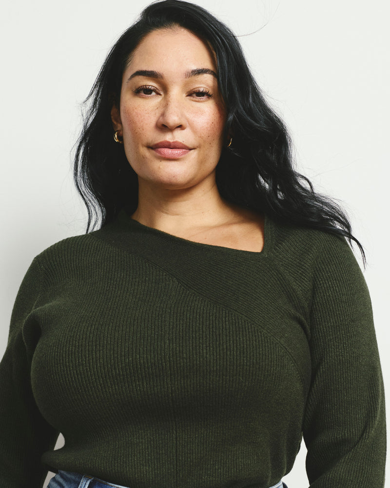 Savvy Fine Rib Asymmetric Sweater - Deep Moss