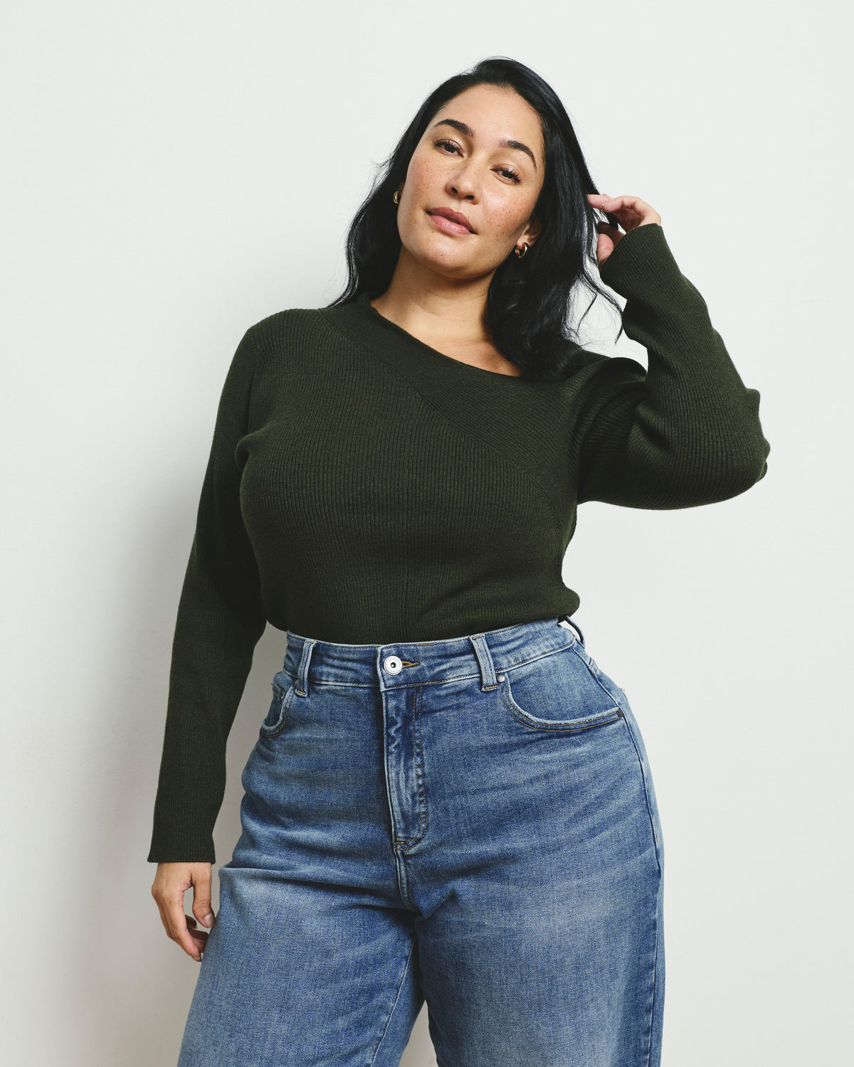 Savvy Fine Rib Asymmetric Sweater - Deep Moss