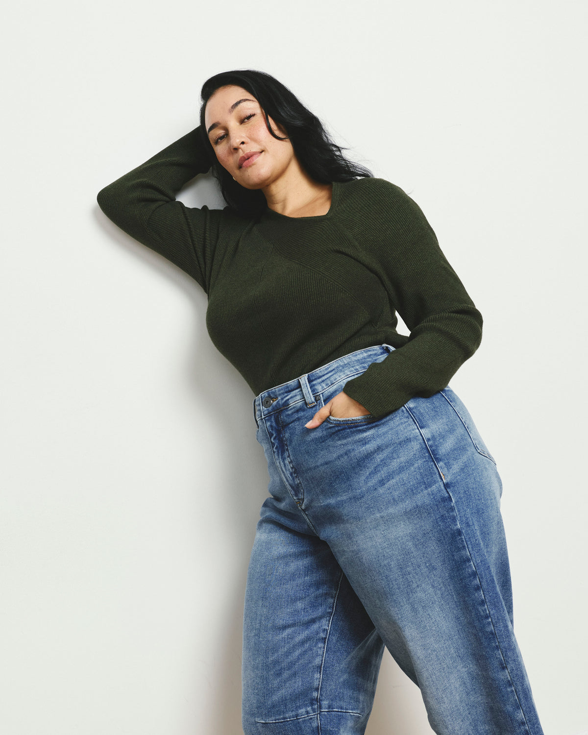 Savvy Fine Rib Asymmetric Sweater - Deep Moss