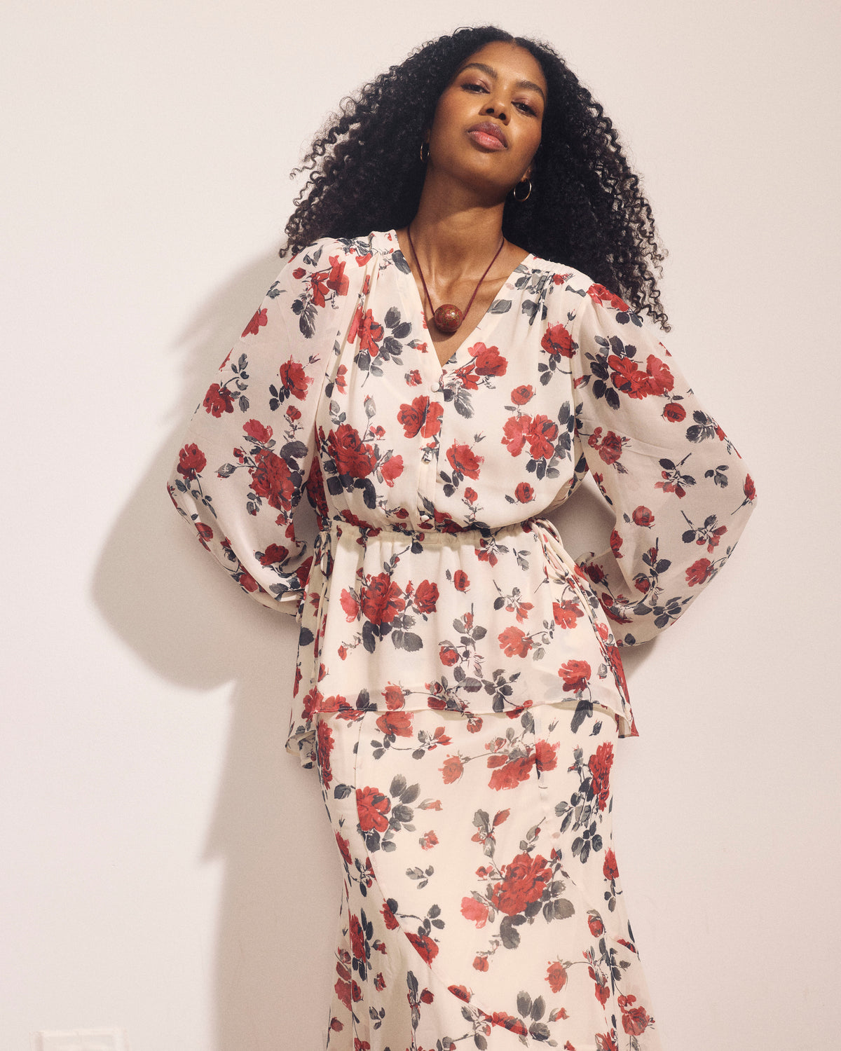 Karina V-Neck Chiffon Blouse - Magic Rose Print