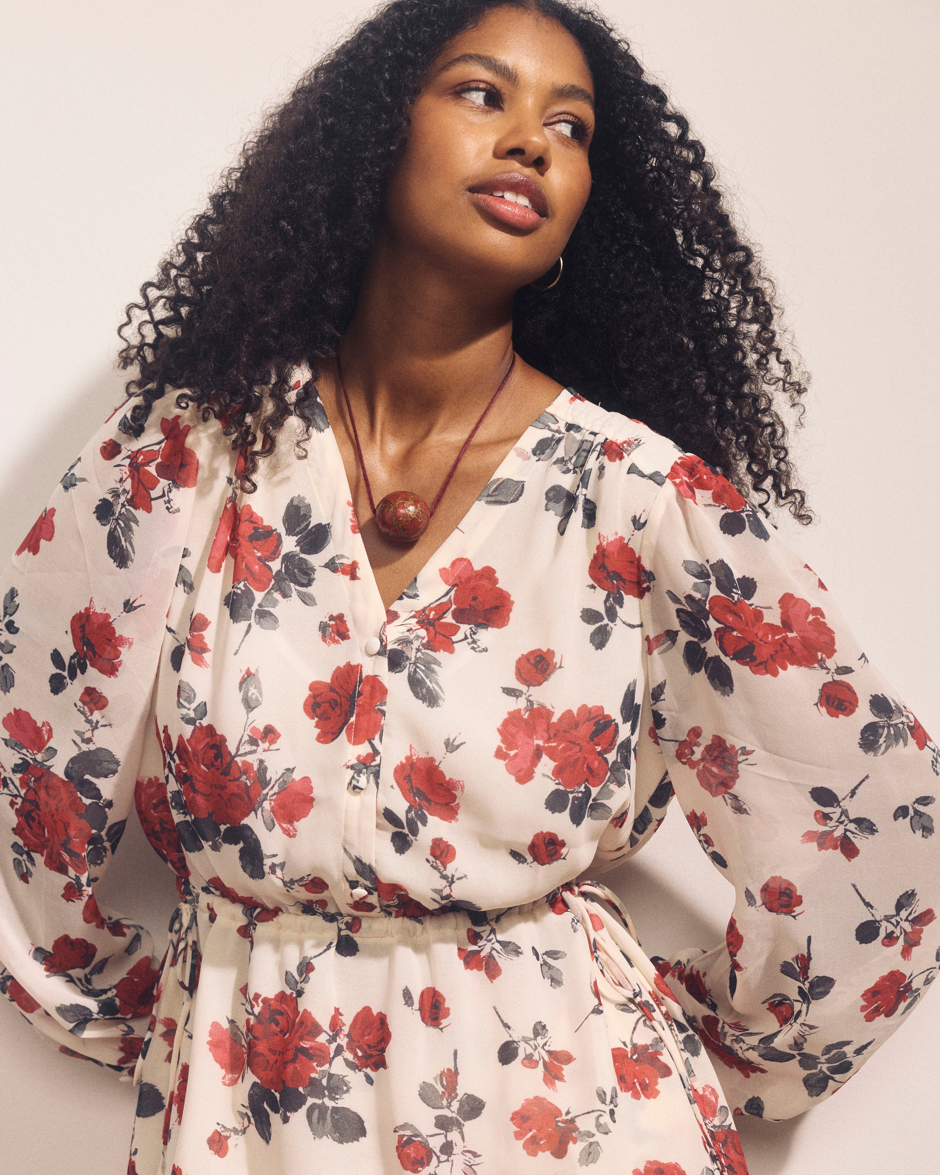 Karina V-Neck Chiffon Blouse - Magic Rose Print