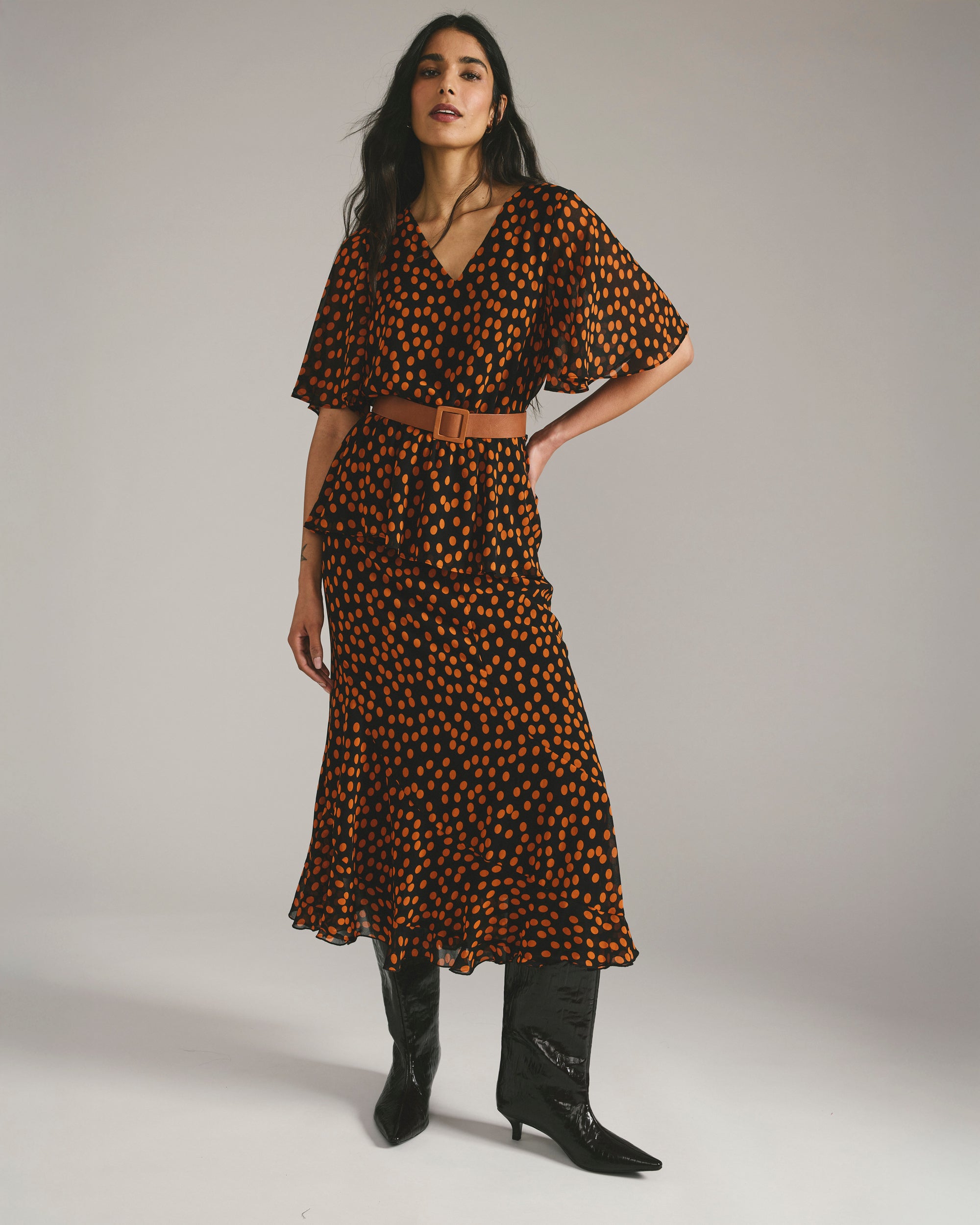 Milou V-Neck Peplum Chiffon Top - Black/Orange Dot Print