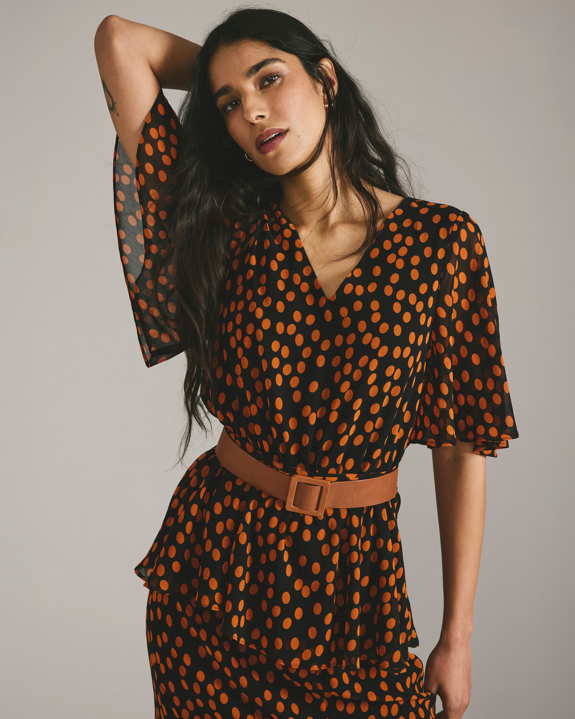 Milou V-Neck Peplum Chiffon Top - Black/Orange Dot Print