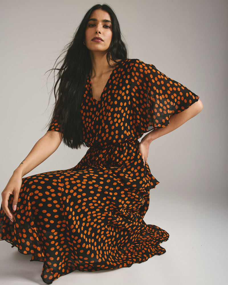 Milou V-Neck Peplum Chiffon Top - Black/Orange Dot Print