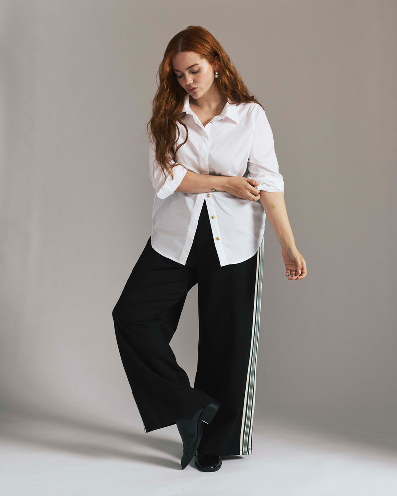 Stephanie Wide Leg Stripe Ponte Pants 30 Inch - Black with Retro Green Stripe | Plus Size & Straight Size Women's Fashion | Universal Standard