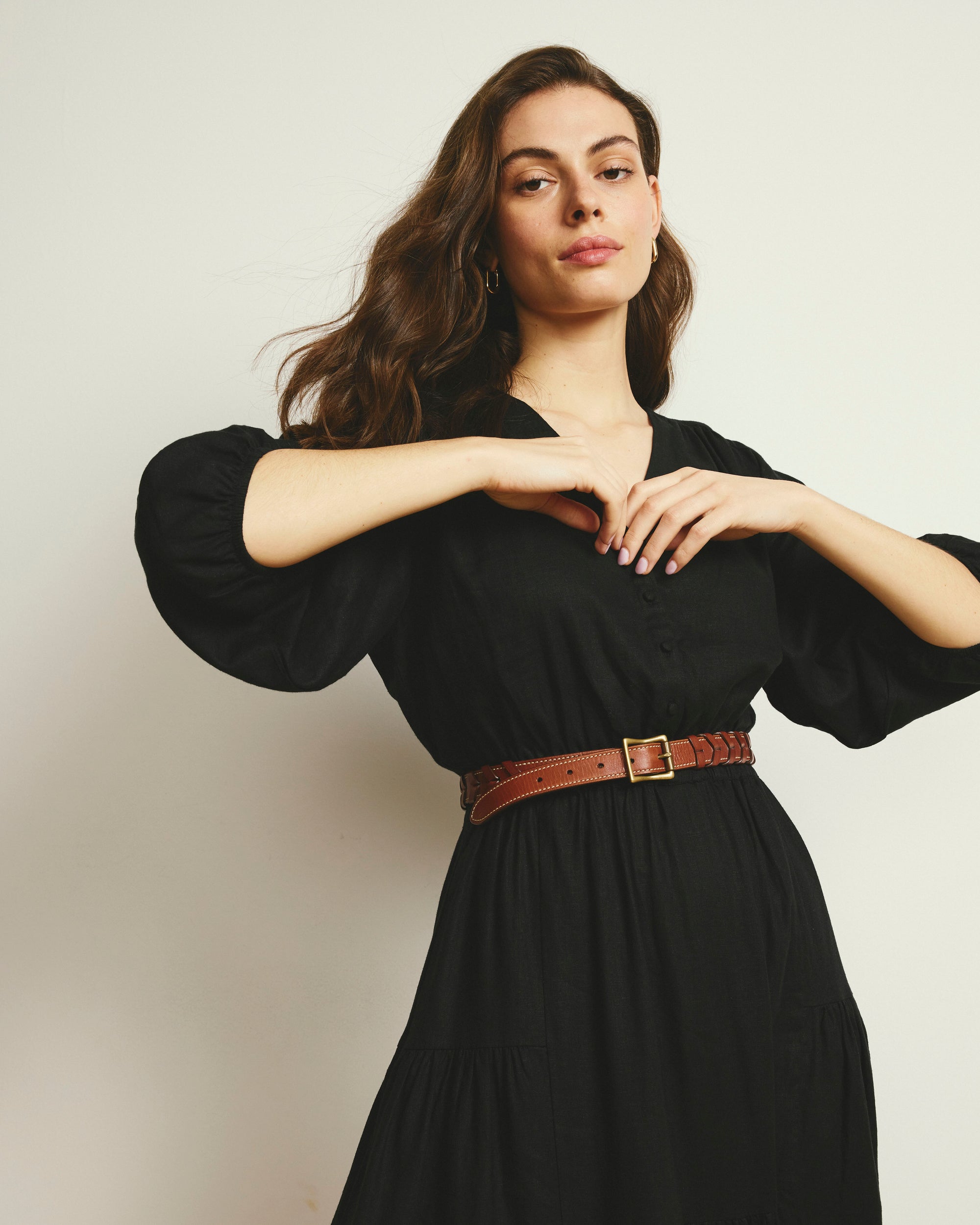 knee length dresses for ladies Puffed Sleeve Linen Midi Dress – Relaxed Organic Elegance main image 0