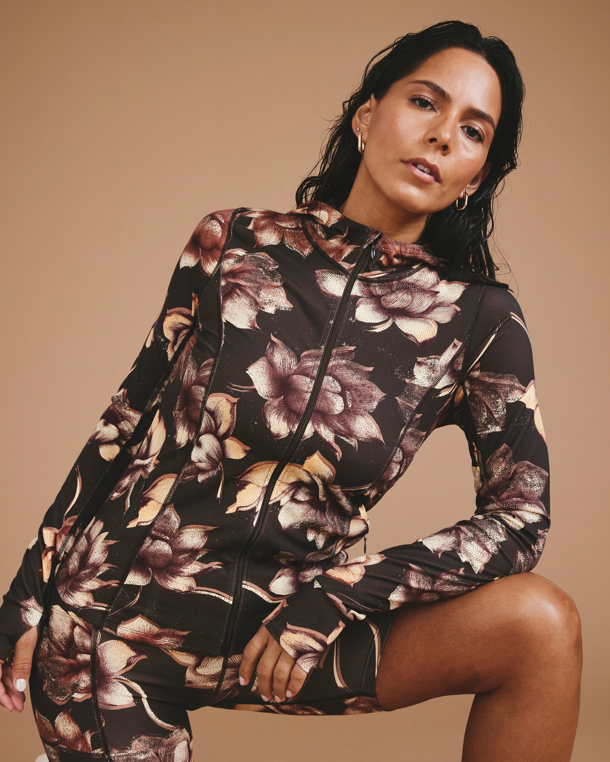 Woman wearing Next-to-Naked Hooded Zip Jacket - Lotus Print from Universal Standard