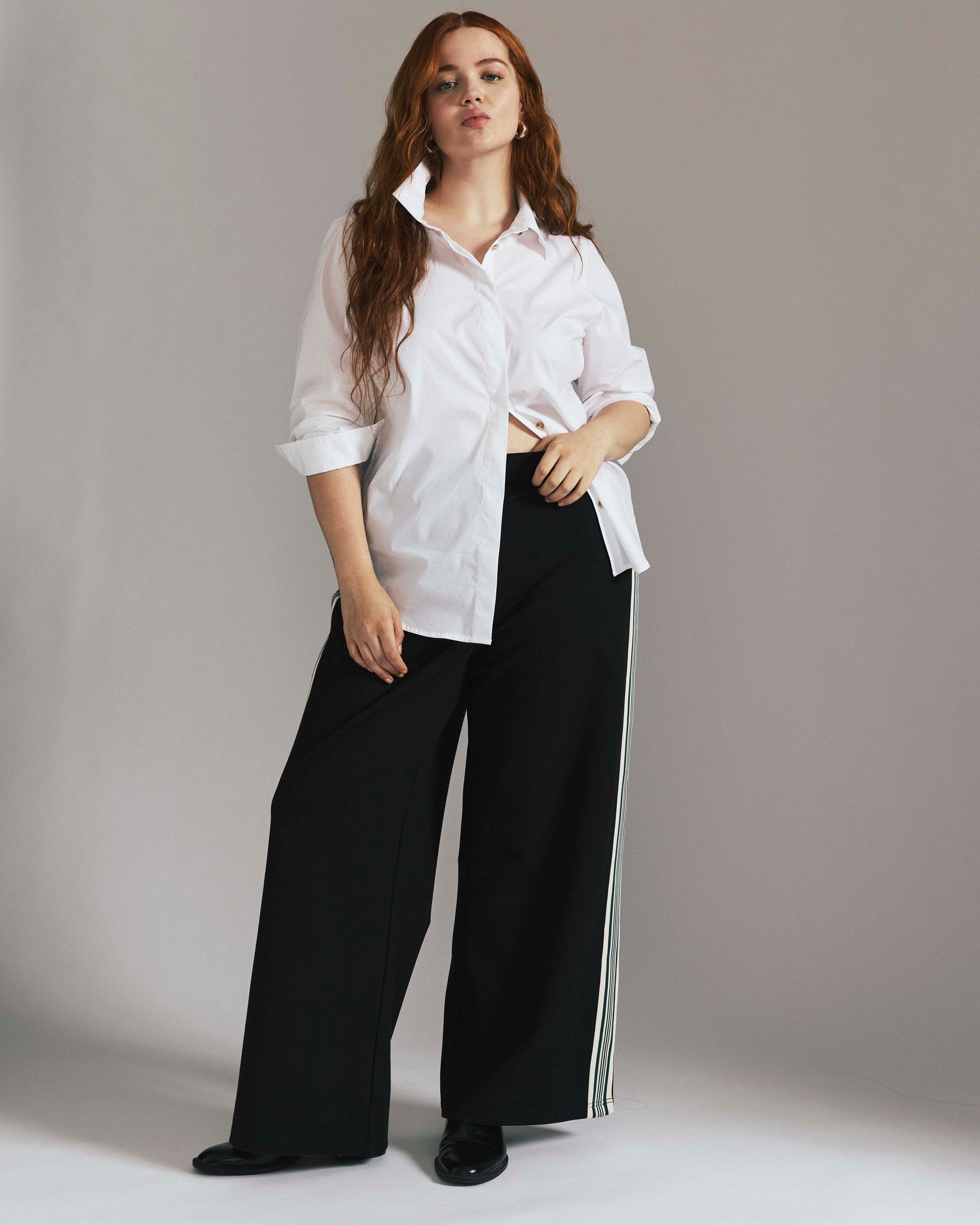 Stephanie Wide Leg Stripe Ponte Pants 30 Inch - Black with Retro Green Stripe | Plus Size & Straight Size Women's Fashion | Universal Standard