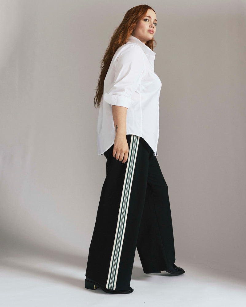 Stephanie Wide Leg Stripe Ponte Pants 30 Inch - Black with Retro Green Stripe | Plus Size & Straight Size Women's Fashion | Universal Standard