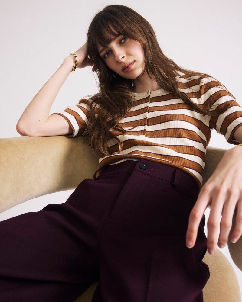 Woman wearing Henley Short Sleeve Ribbed Tee - Baker Street Stripe from Universal Standard