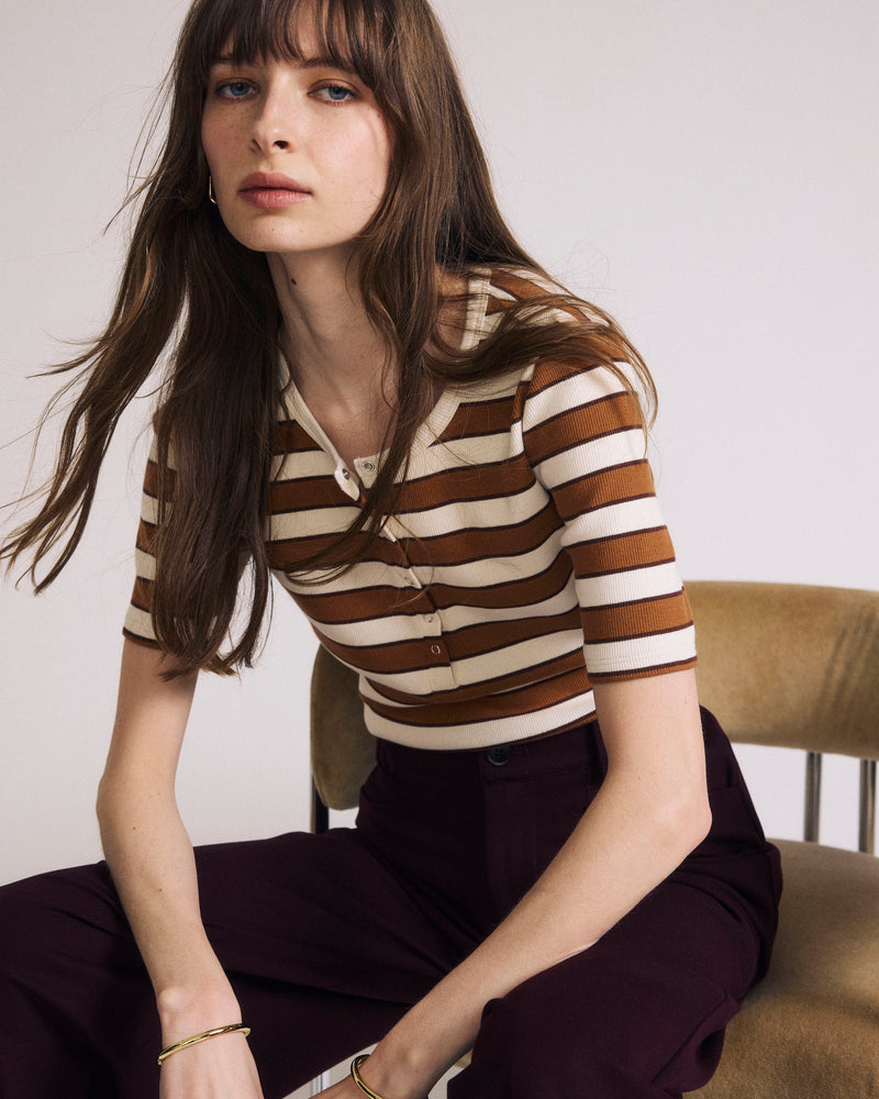 Woman wearing Henley Short Sleeve Ribbed Tee - Baker Street Stripe from Universal Standard