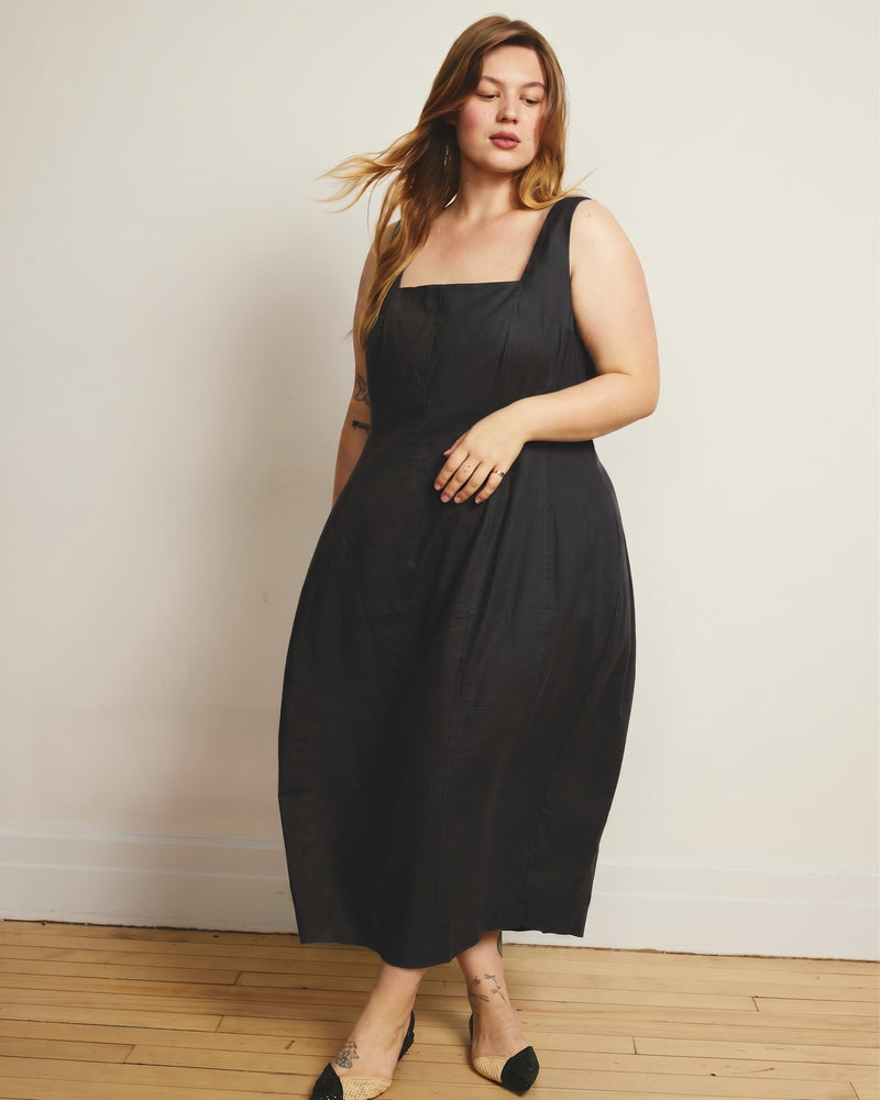 Saulay Square Neck Linen Blend Midi Dress - Black