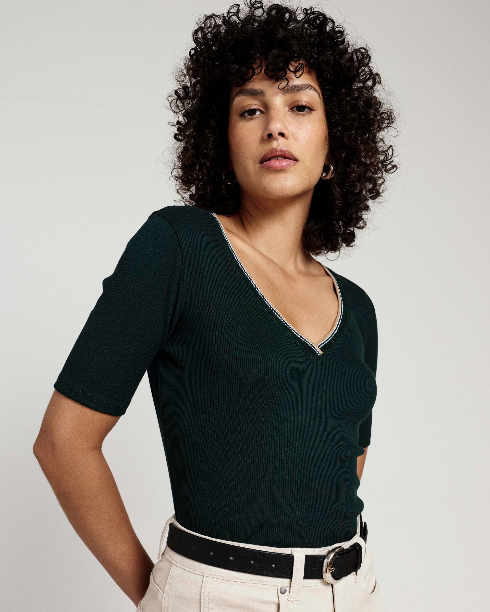 Classic V-Neck Ribbed Tee - Forest Green/Striped Trim | Plus Size & Straight Size Women's Fashion | Universal Standard