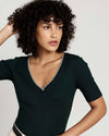 Classic V-Neck Ribbed Tee - Forest Green/Striped Trim | Plus Size & Straight Size Women's Fashion | Universal Standard
