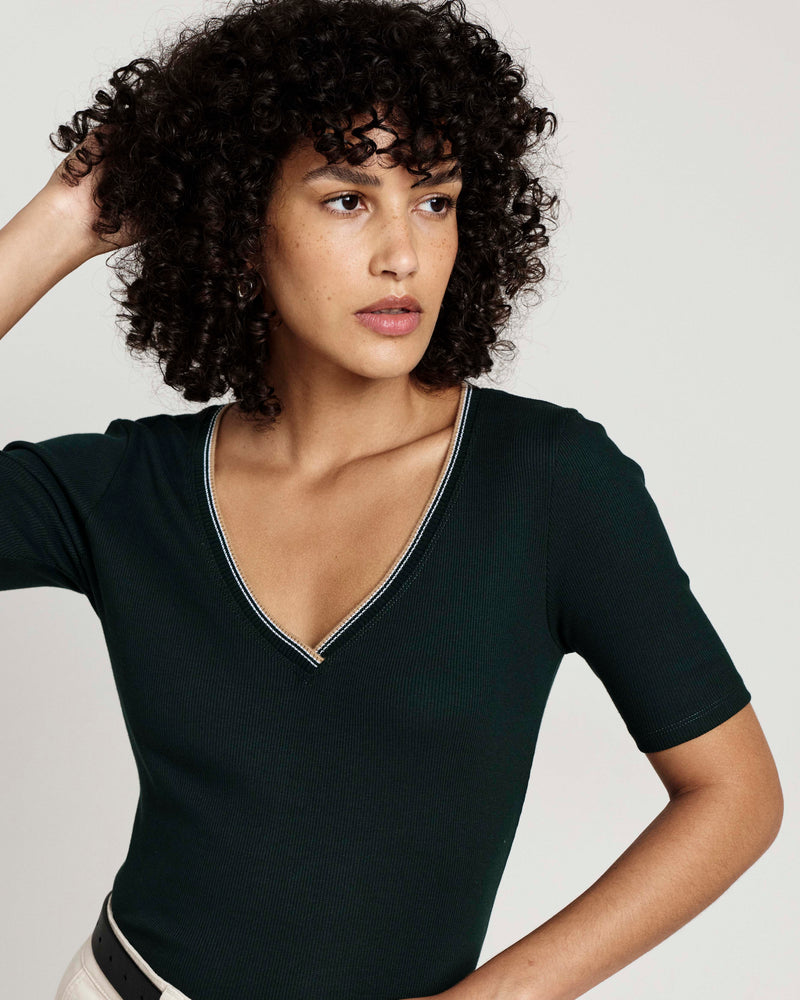 Classic V-Neck Ribbed Tee - Forest Green/Striped Trim | Plus Size & Straight Size Women's Fashion | Universal Standard