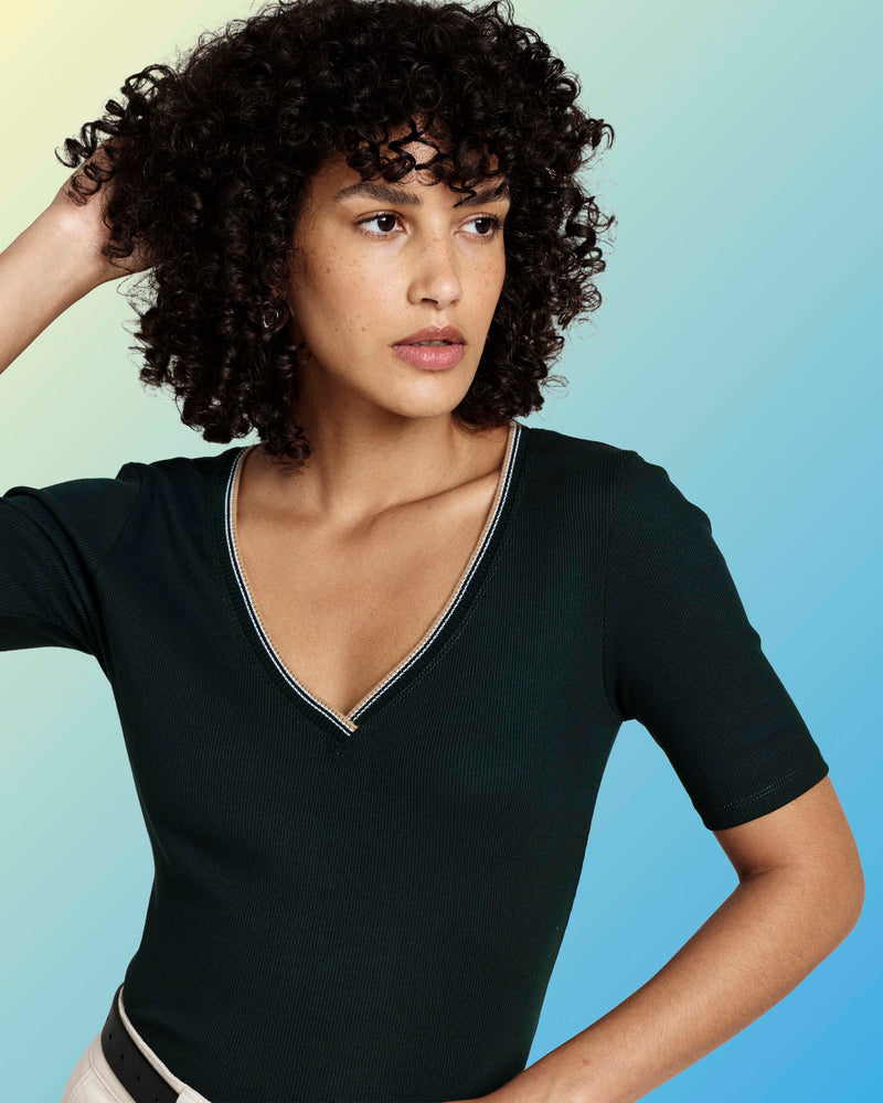 Classic V-Neck Ribbed Tee - Forest Green/Striped Trim | Plus Size & Straight Size Women's Fashion | Universal Standard