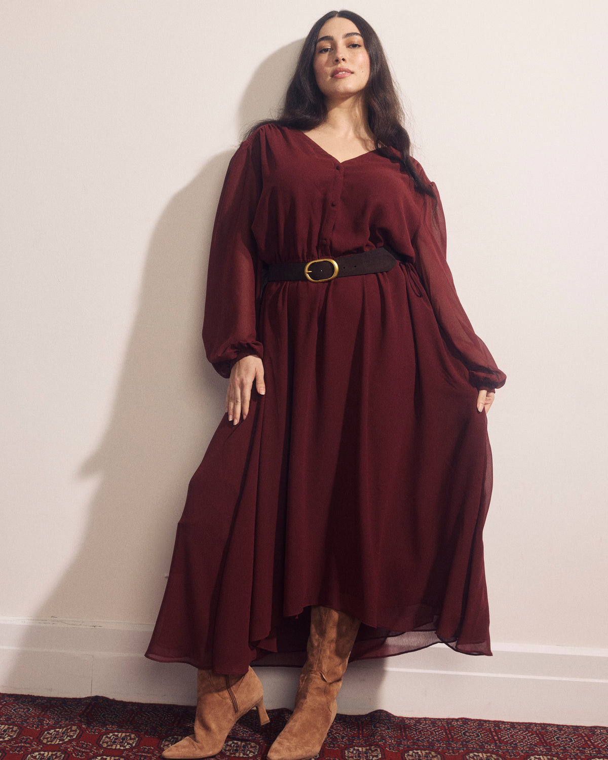 Karina V-Neck Chiffon Dress - Deep Red