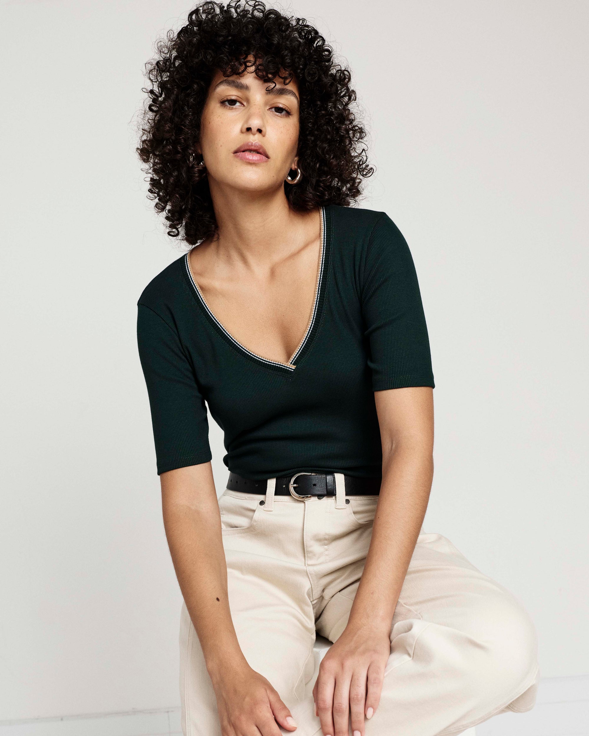 Classic V-Neck Ribbed Tee - Forest Green/Striped Trim | Plus Size & Straight Size Women's Fashion | Universal Standard