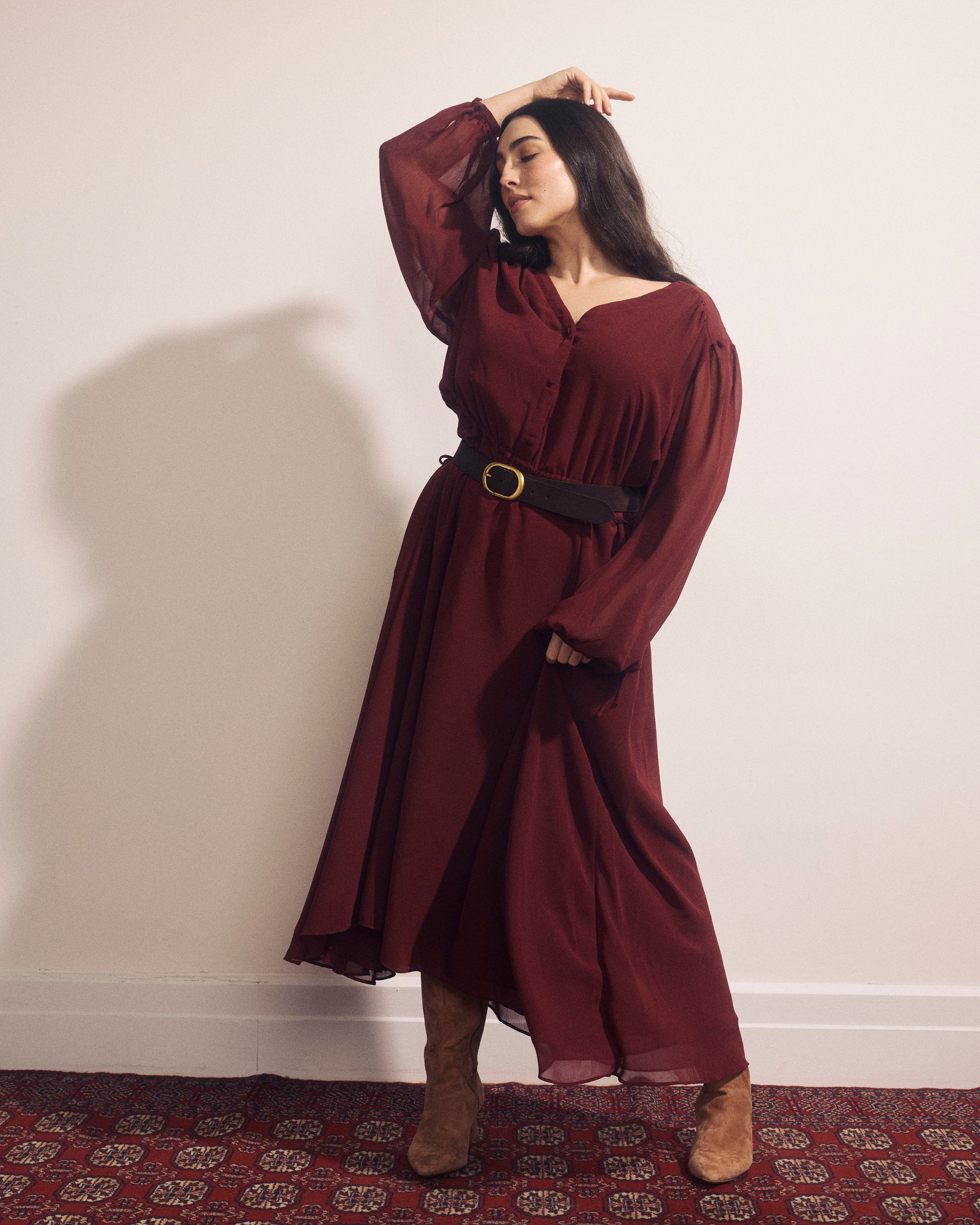 Karina V-Neck Chiffon Dress - Deep Red