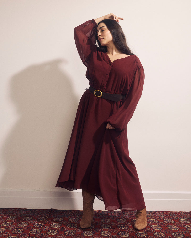 Karina V-Neck Chiffon Dress - Deep Red