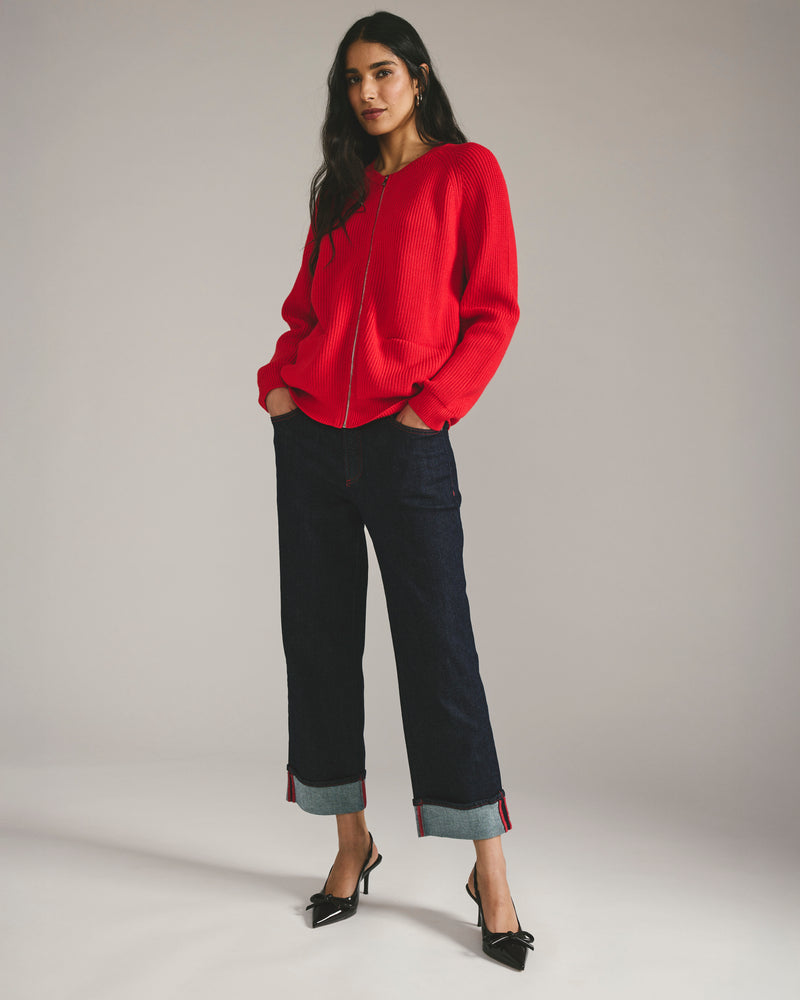 Stevie High Rise Cuffed Straight Leg Jeans - Americana Wash with Red Stitching