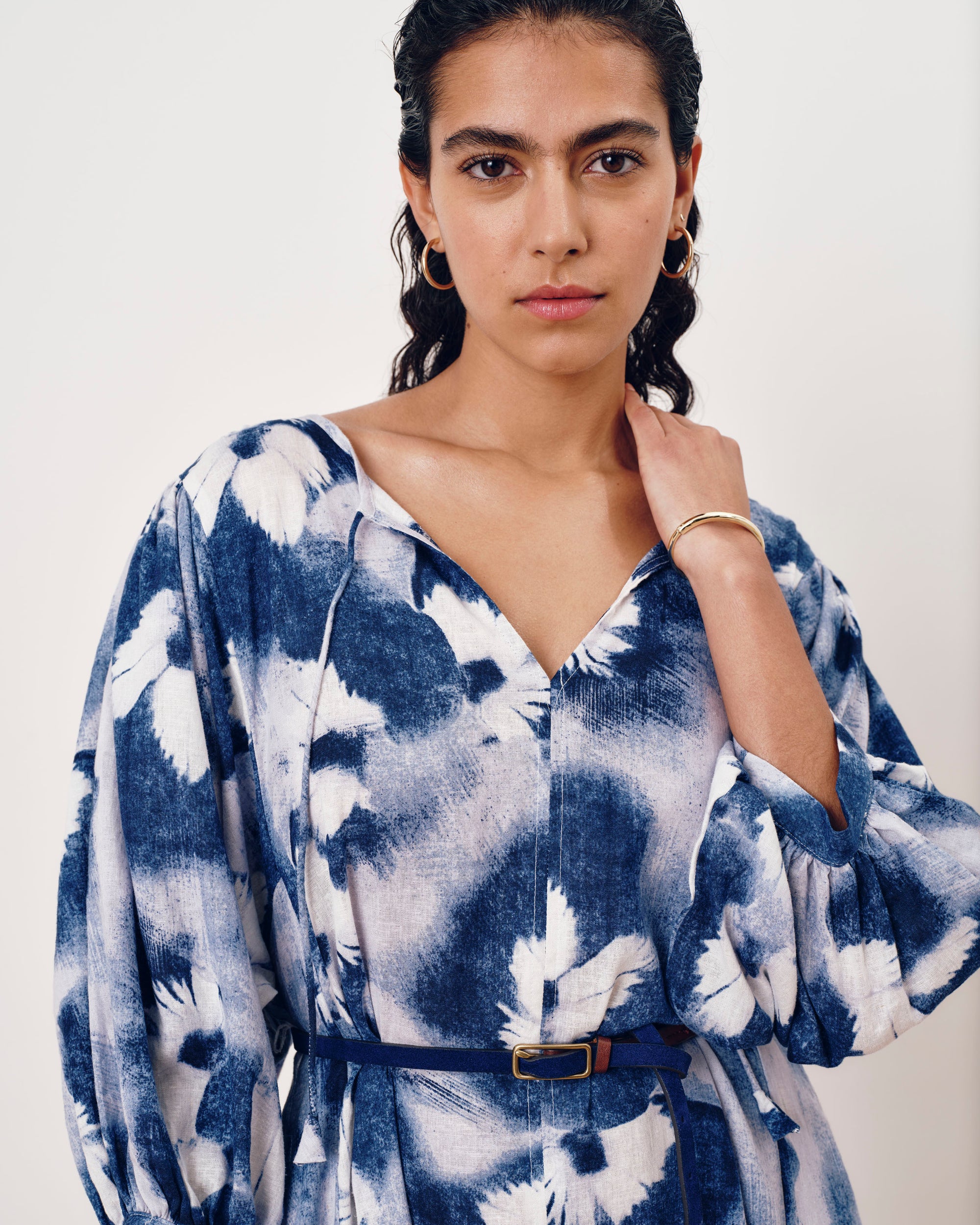 Amparo Linen Blend Dress - Blue Pressed Flower Print | Plus Size & Straight Size Women's Fashion | Universal Standard