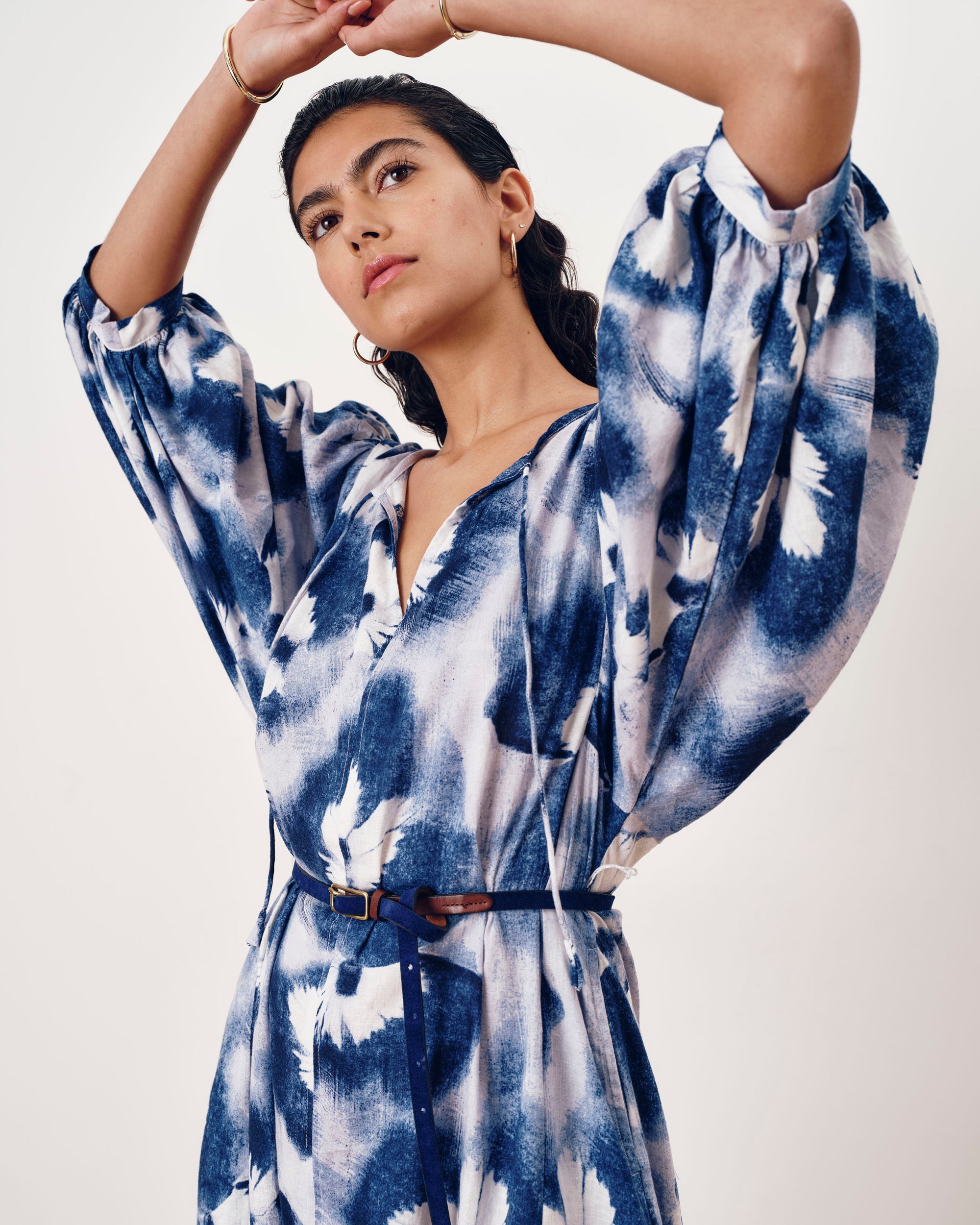 Amparo Linen Blend Dress - Blue Pressed Flower Print | Plus Size & Straight Size Women's Fashion | Universal Standard
