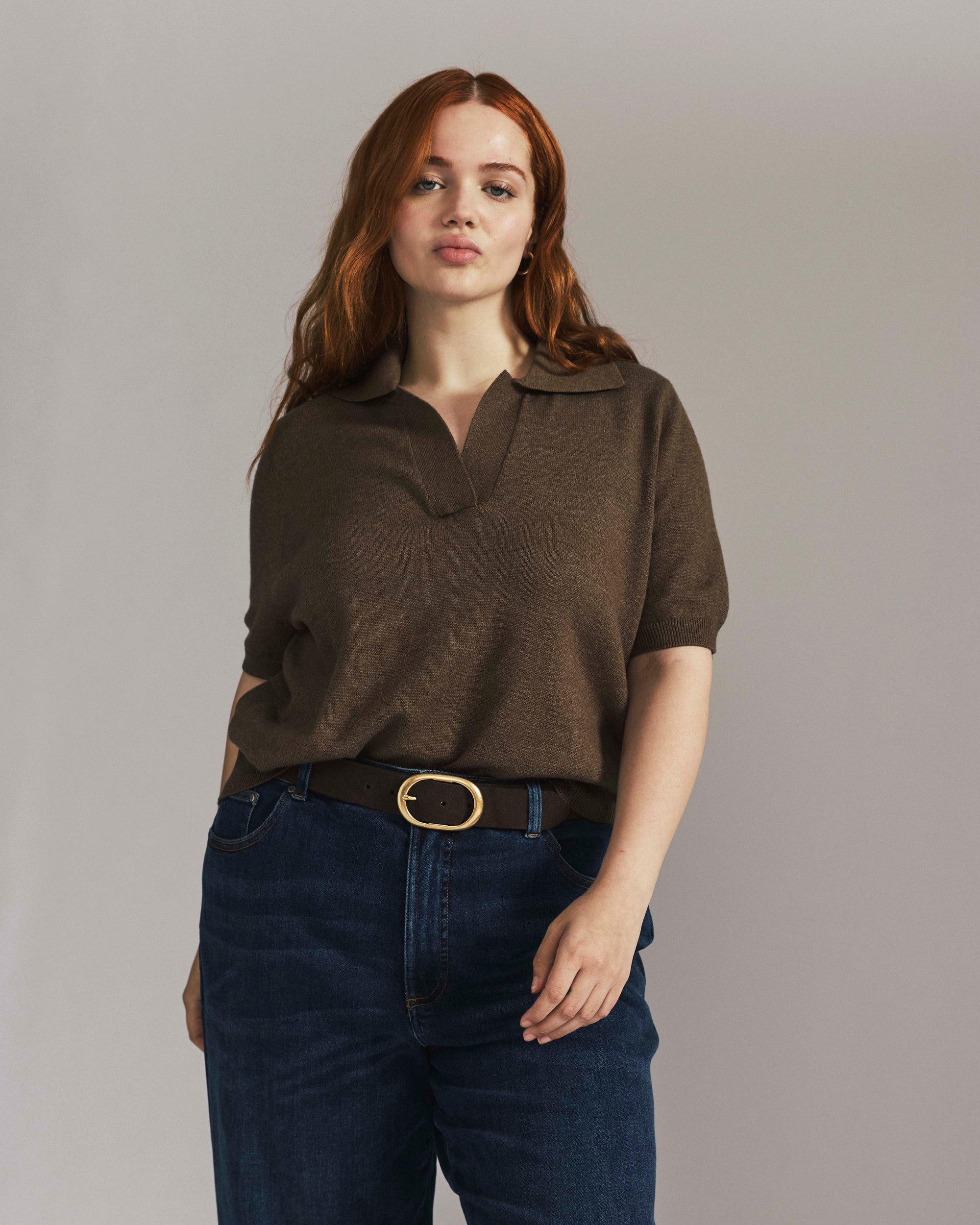 Savvy Fine Knit Short Sleeve Polo Sweater - Winter Fawn | Plus Size & Straight Size Women's Fashion | Universal Standard