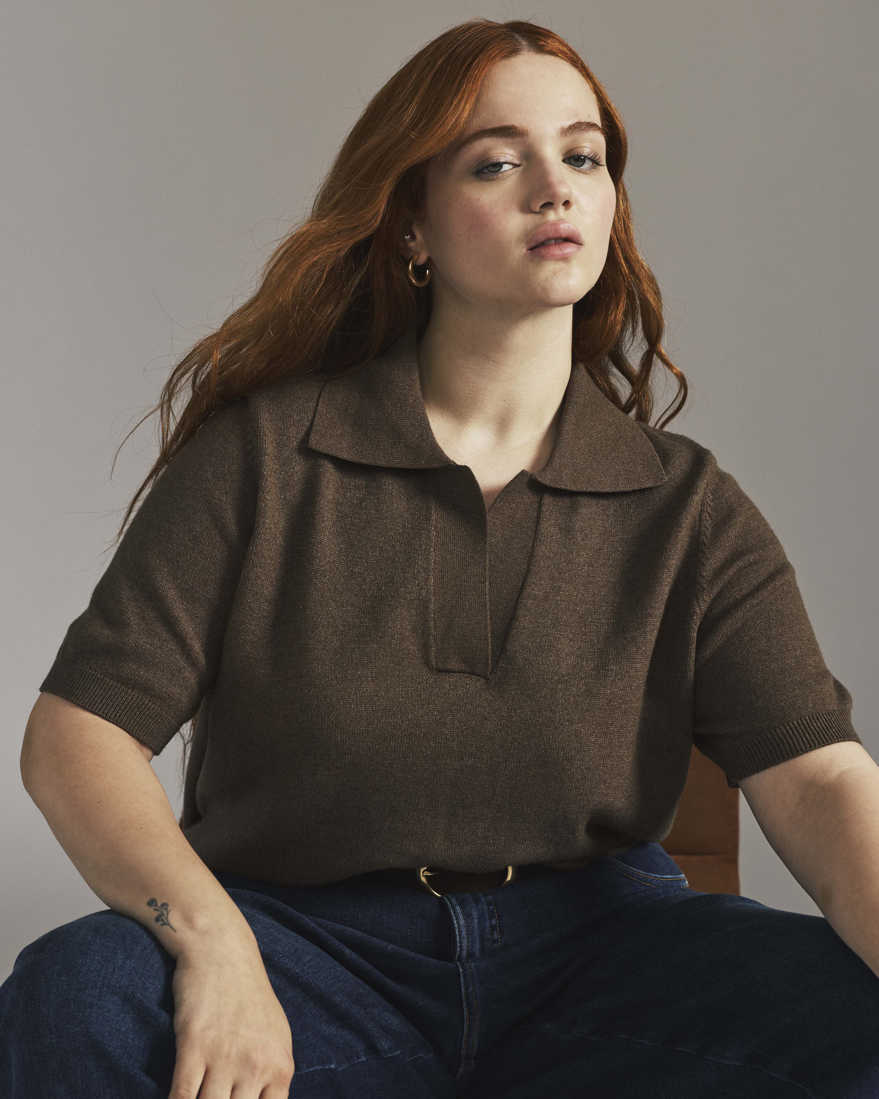 レディースウェア polo golf wool knit archive dead stock Savvy Fine Knit Short Sleeve Polo Sweater - Winter Fawn