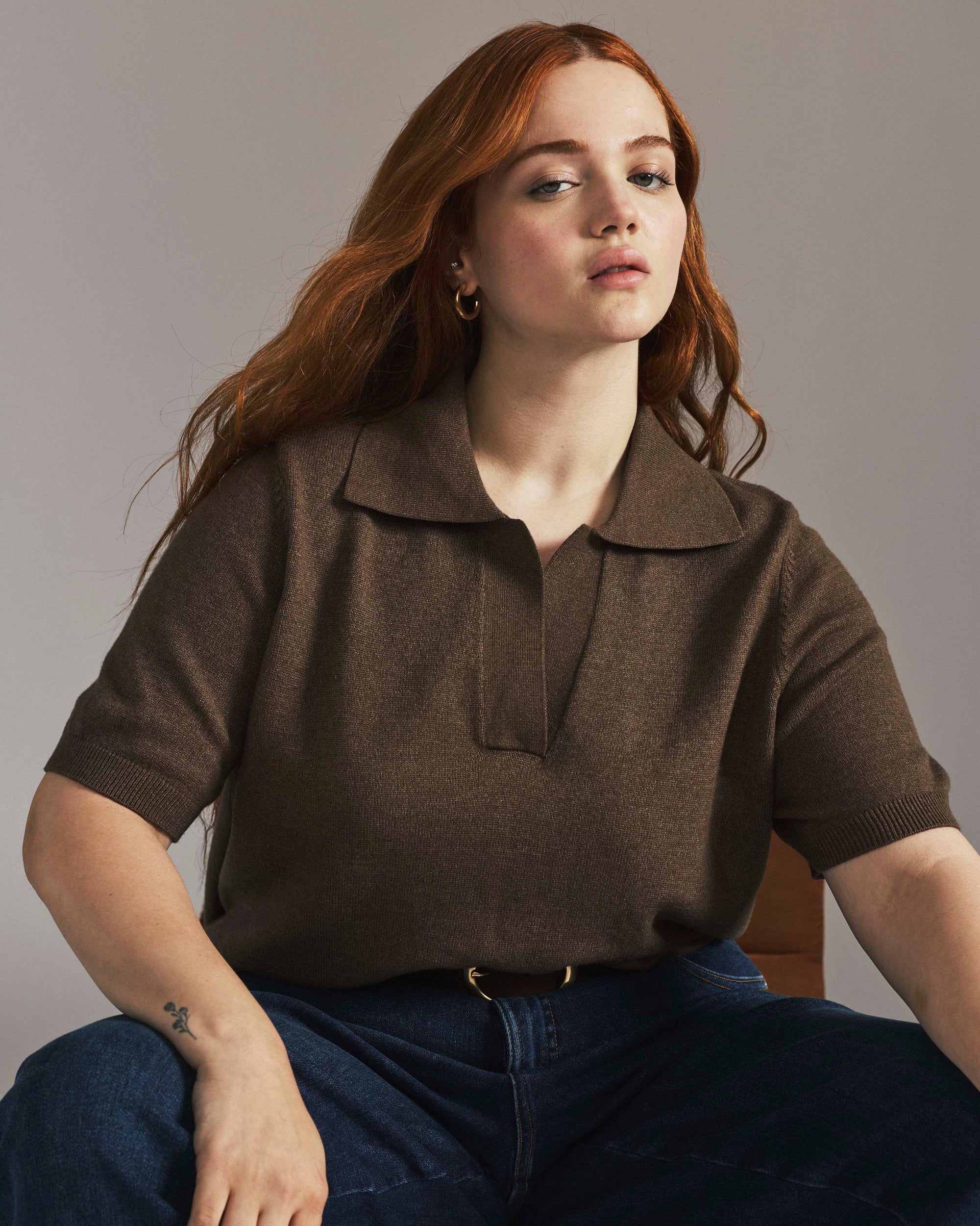 Savvy Fine Knit Short Sleeve Polo Sweater - Winter Fawn | Plus Size & Straight Size Women's Fashion | Universal Standard