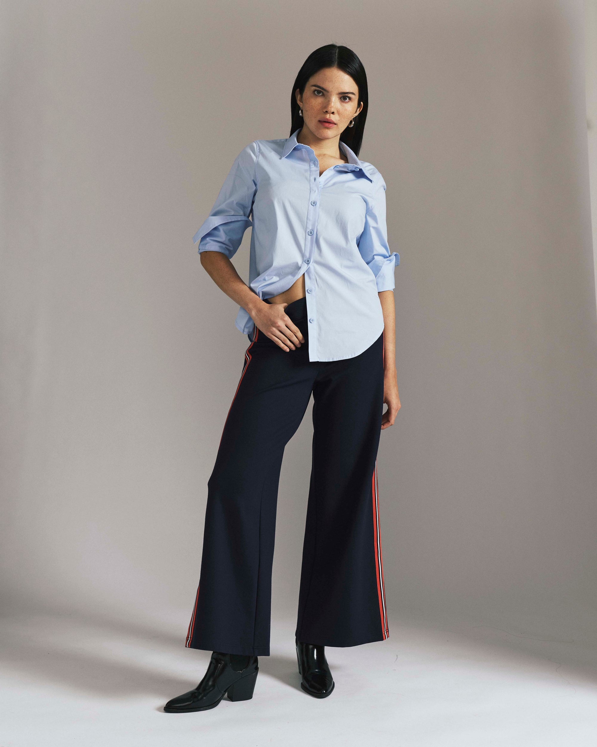 Stephanie Wide Leg Stripe Ponte Pants 30 Inch - Navy with Retro Red Stripe | Plus Size & Straight Size Women's Fashion | Universal Standard