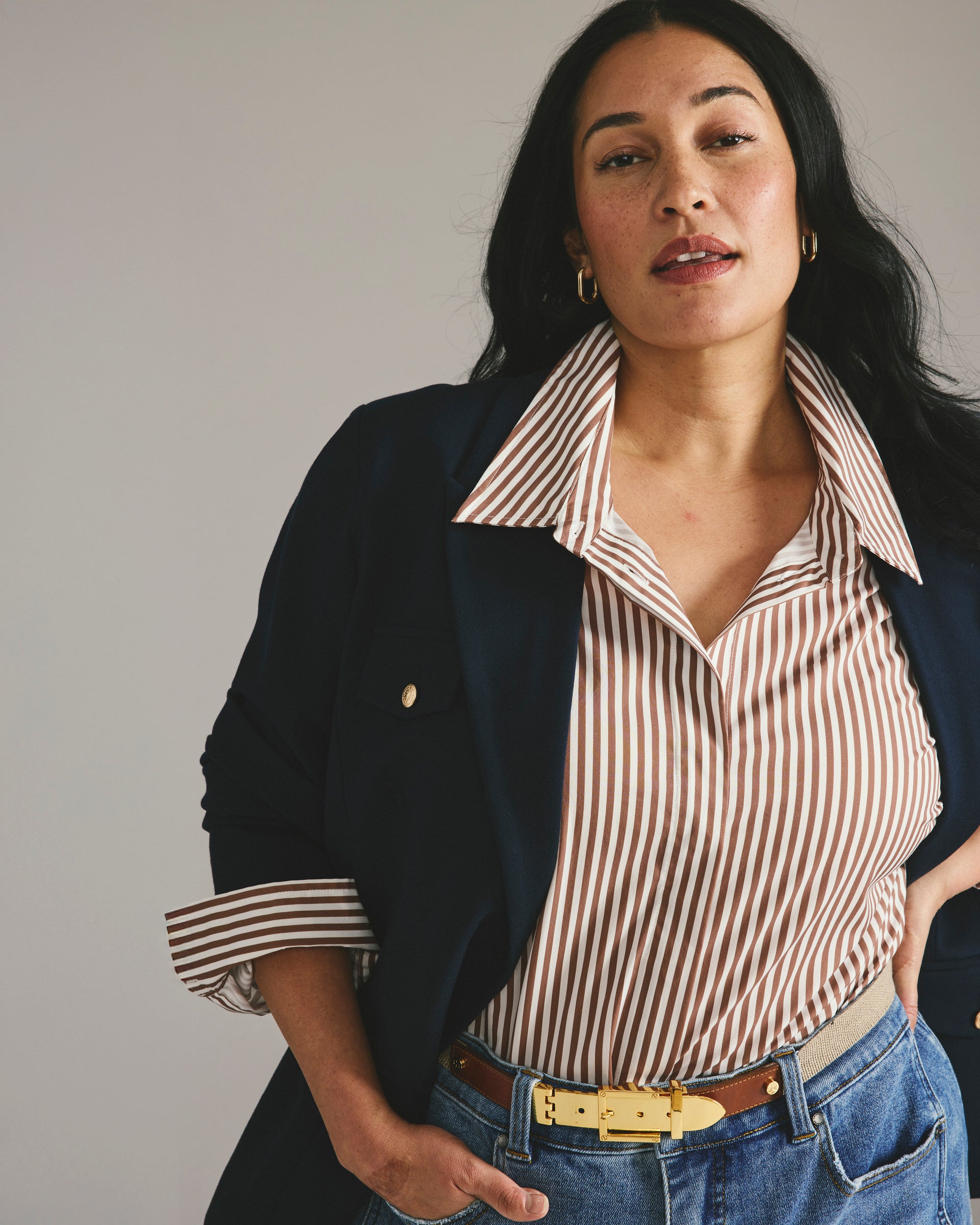 Elbe Stretch Poplin Shirt Classic Fit - Allspice/White Stripe