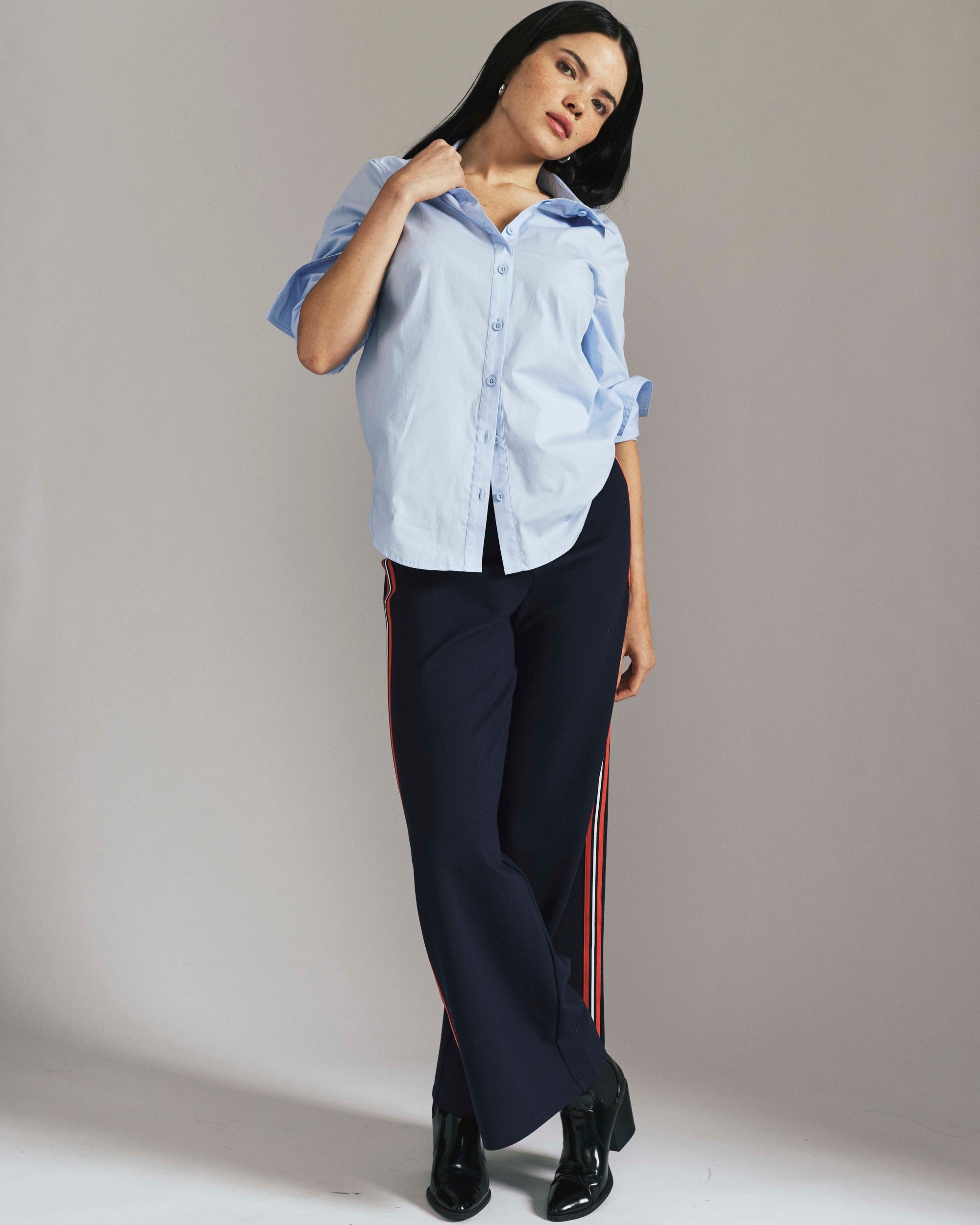 Stephanie Wide Leg Stripe Ponte Pants 30 Inch - Navy with Retro Red Stripe | Plus Size & Straight Size Women's Fashion | Universal Standard