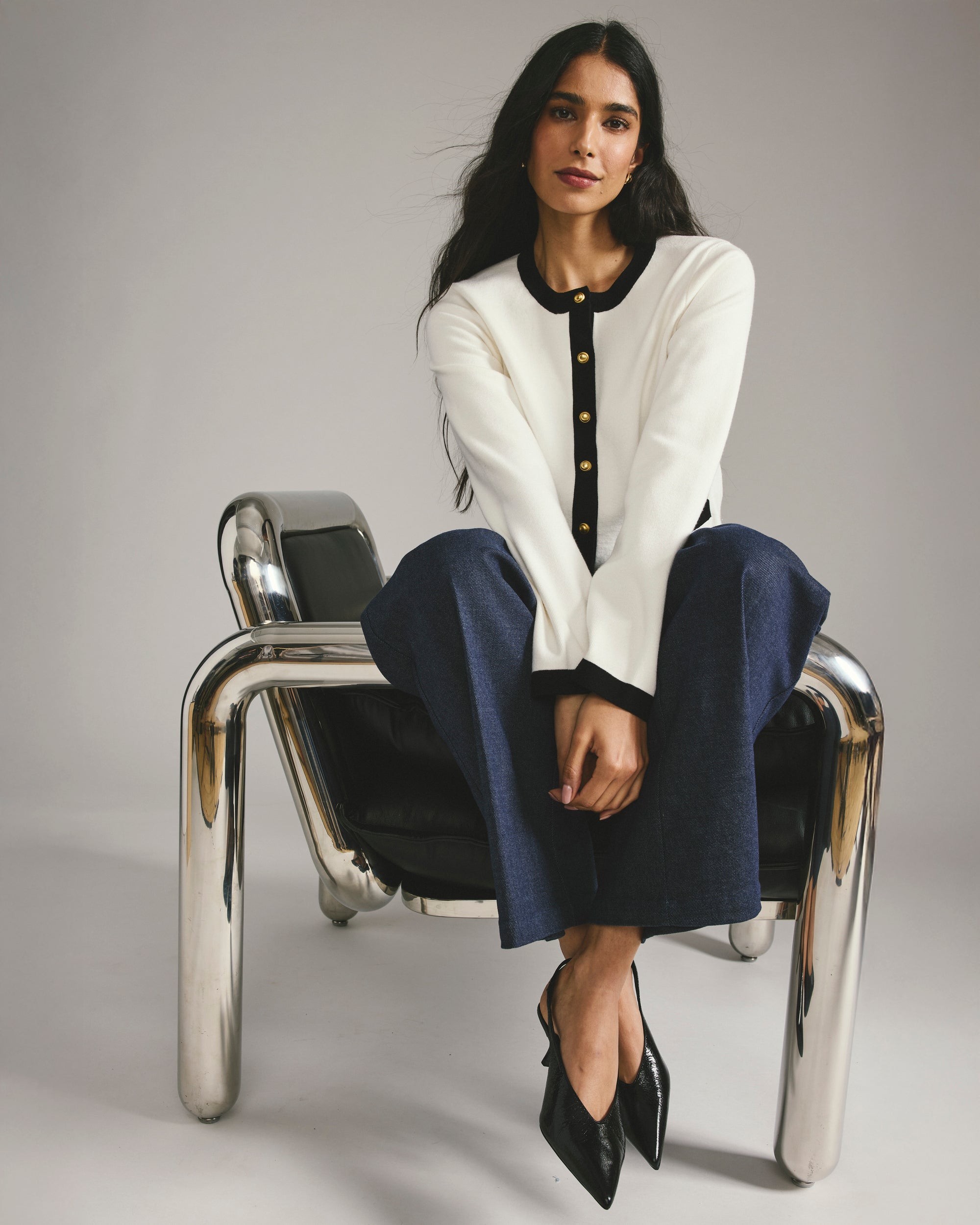 Gabrielle Button-Front Cardigan - Cream with Black Accents