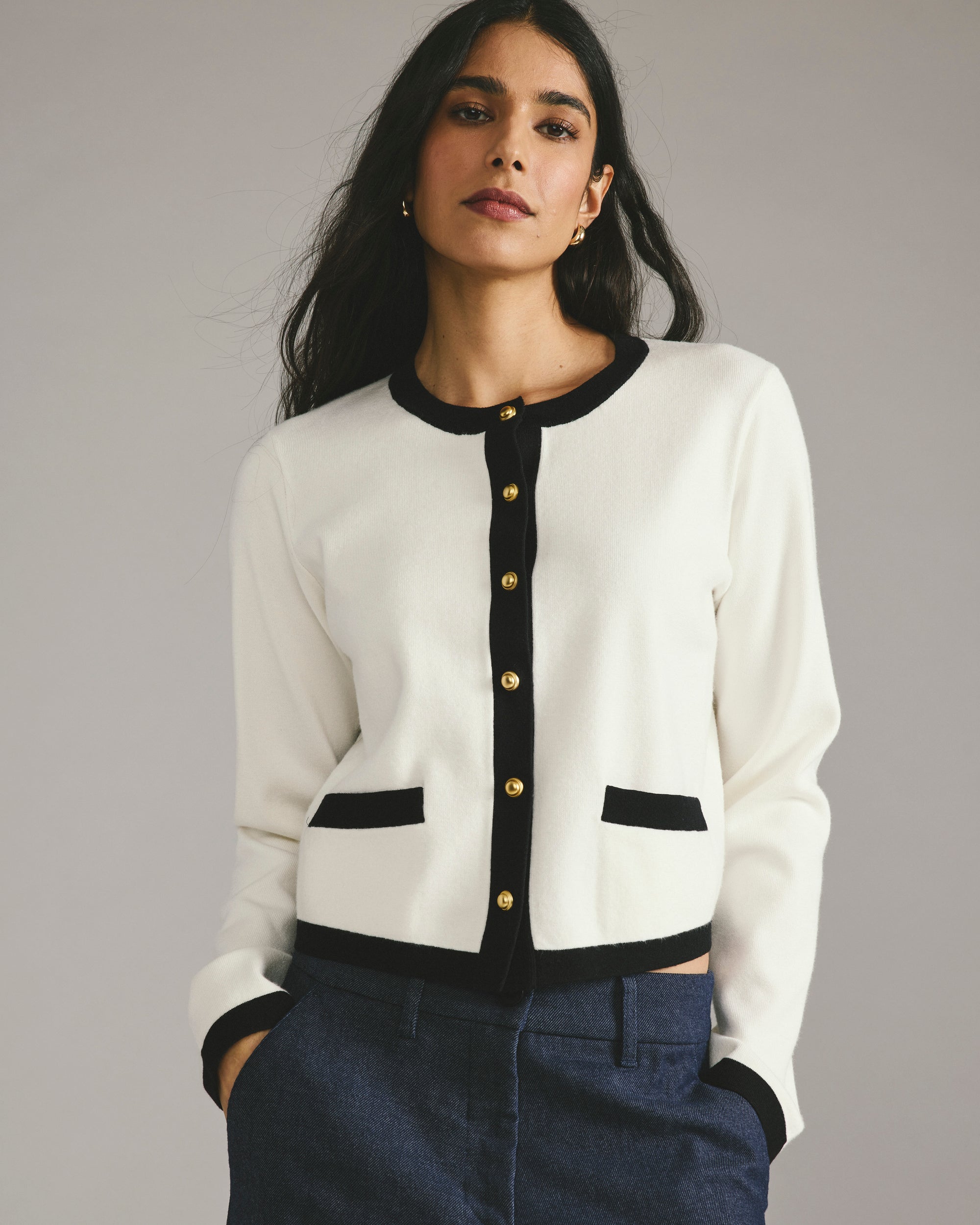 Gabrielle Button-Front Cardigan - Cream with Black Accents