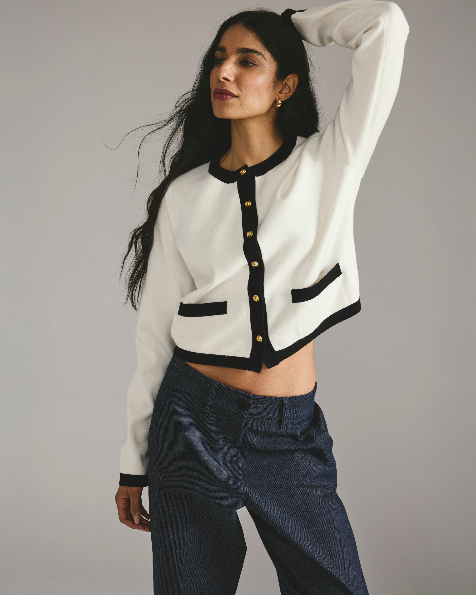 Gabrielle Button-Front Cardigan - Cream with Black Accents