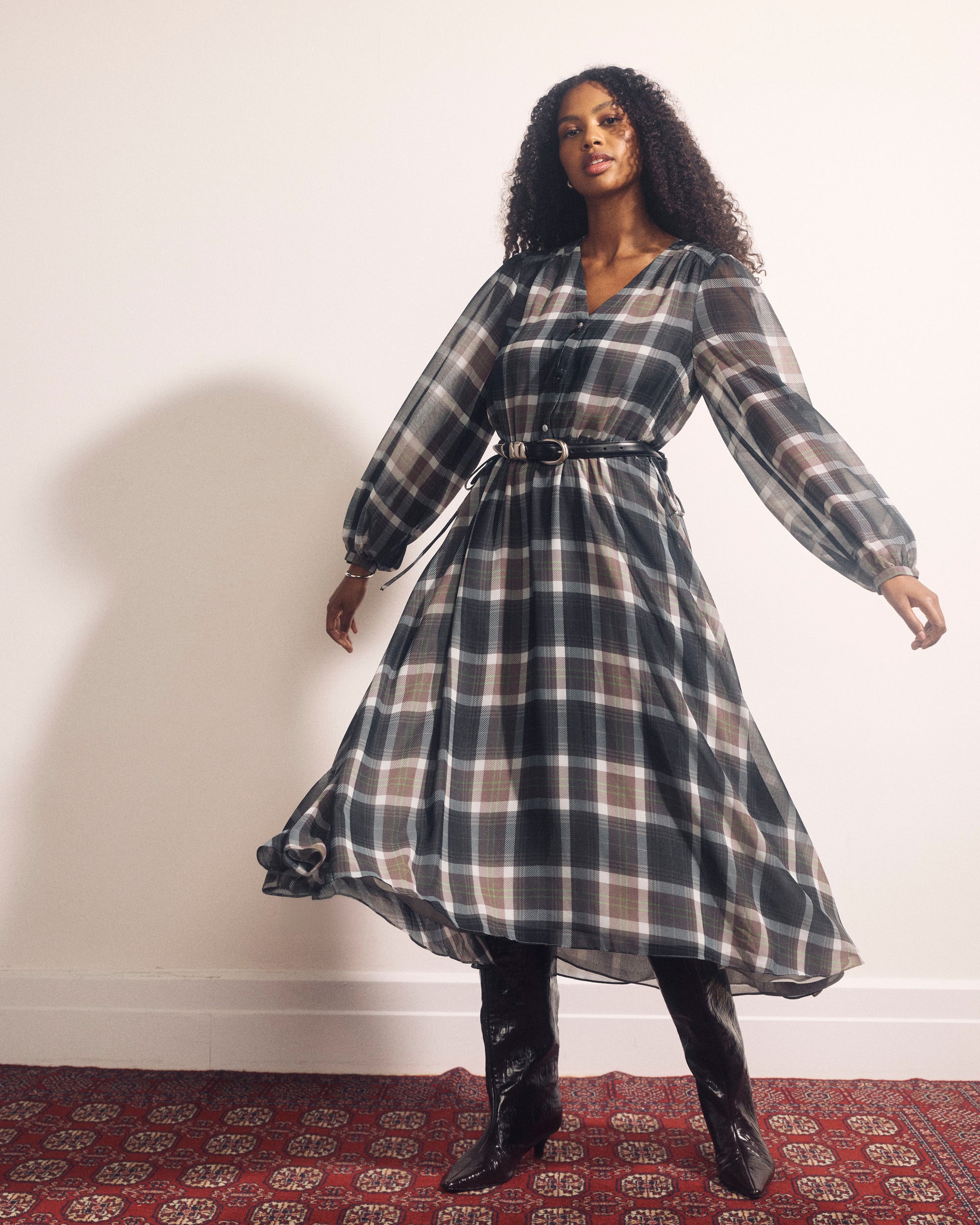 Karina V-Neck Chiffon Dress - Plaid Bourgeois Print
